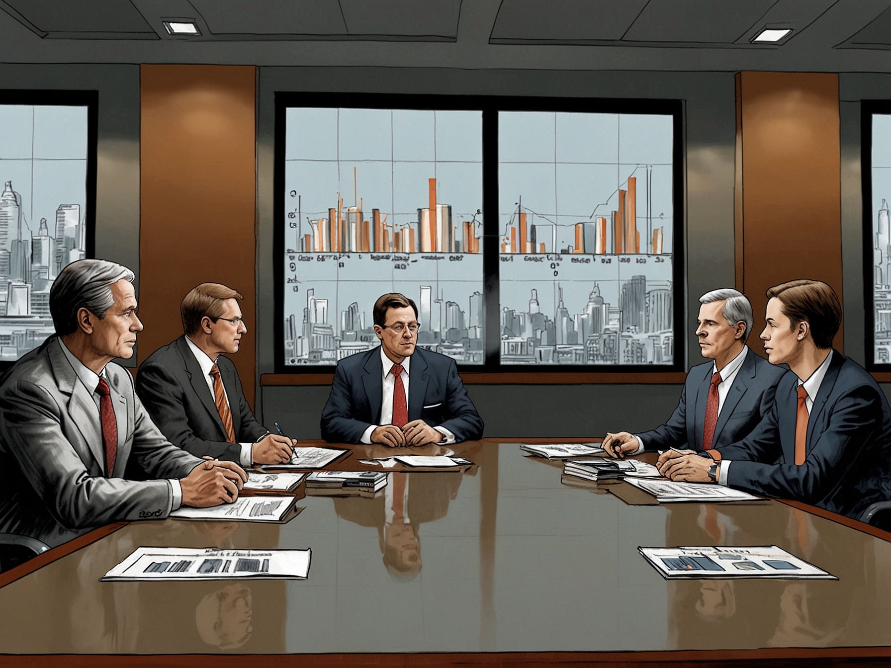 Executives in boardroom discussing financial strategies with charts and graphs, symbolizing the strategic decisions behind the $236.8 billion buybacks in Q1 2024 for S&P 500 companies.