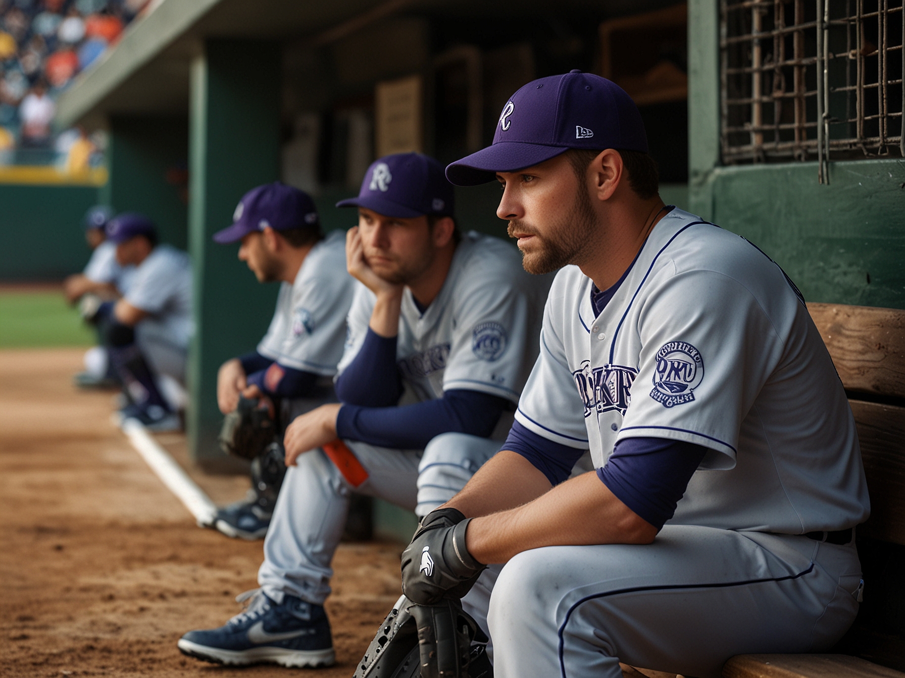 Rockies teammates looking dejected in the dugout after another lost game, depicting the frustration and inconsistency plaguing the team despite individual standout performances.