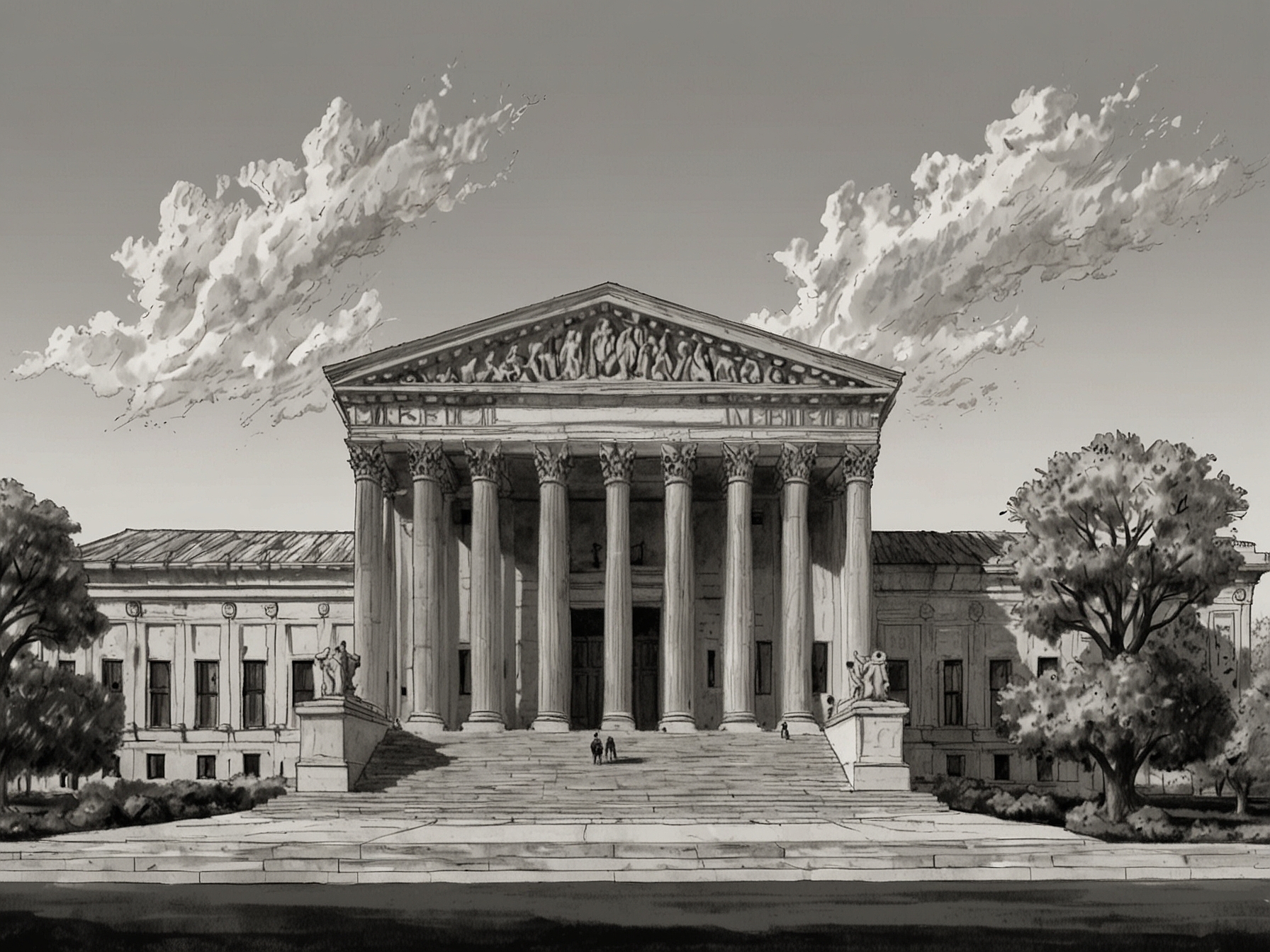 An illustration of the Supreme Court building, symbolizing judicial decisions and their impact on reproductive rights in the United States.