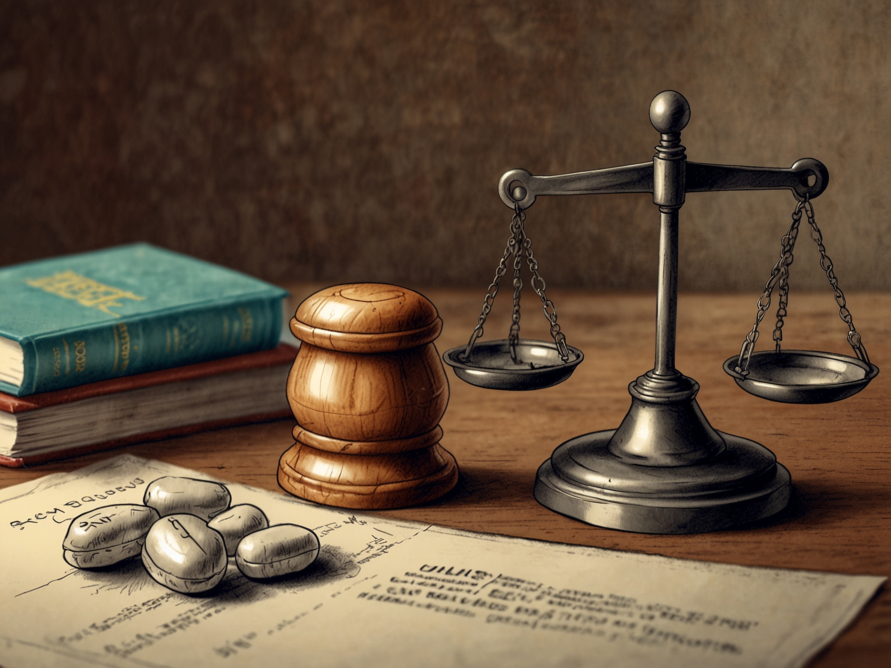 A graphic showing mifepristone pills alongside scales of justice, representing the legal complexities and ongoing debates around medication abortion.
