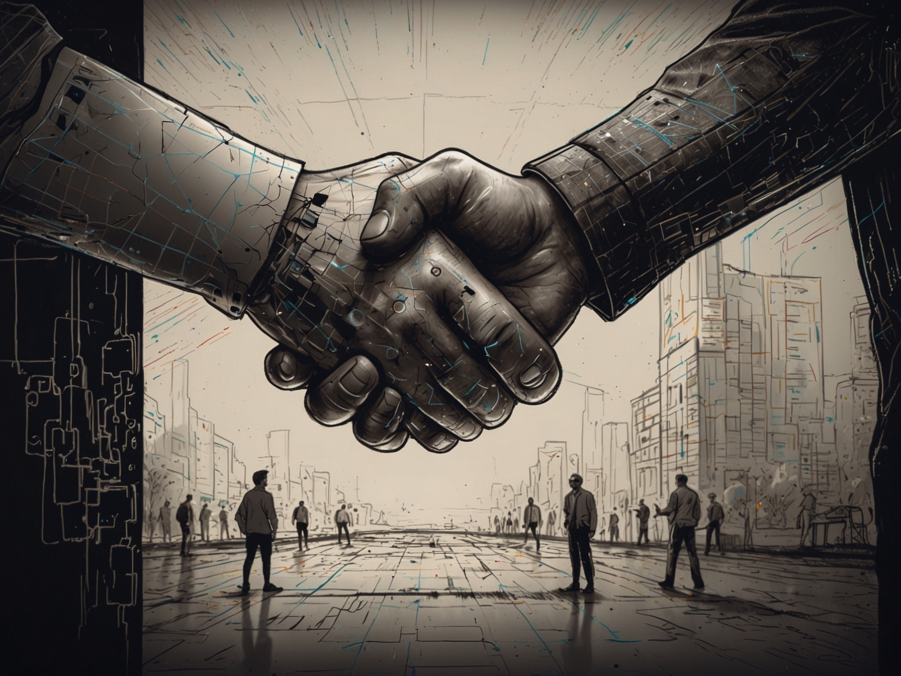 An illustration of AI developers and content creators shaking hands, symbolizing collaboration and mutual benefit facilitated by a robust data licensing framework.