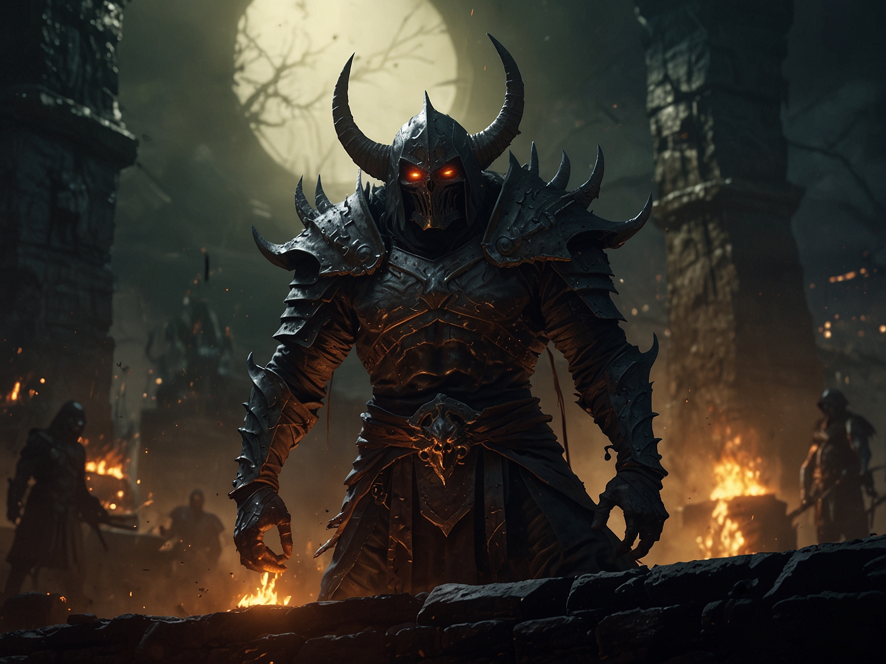 An in-game screen capture of Elden Ring showing the boss Mohg, the Omen, in his arena. The image highlights the menacing design of Mohg and the challenging environment where players must battle him.