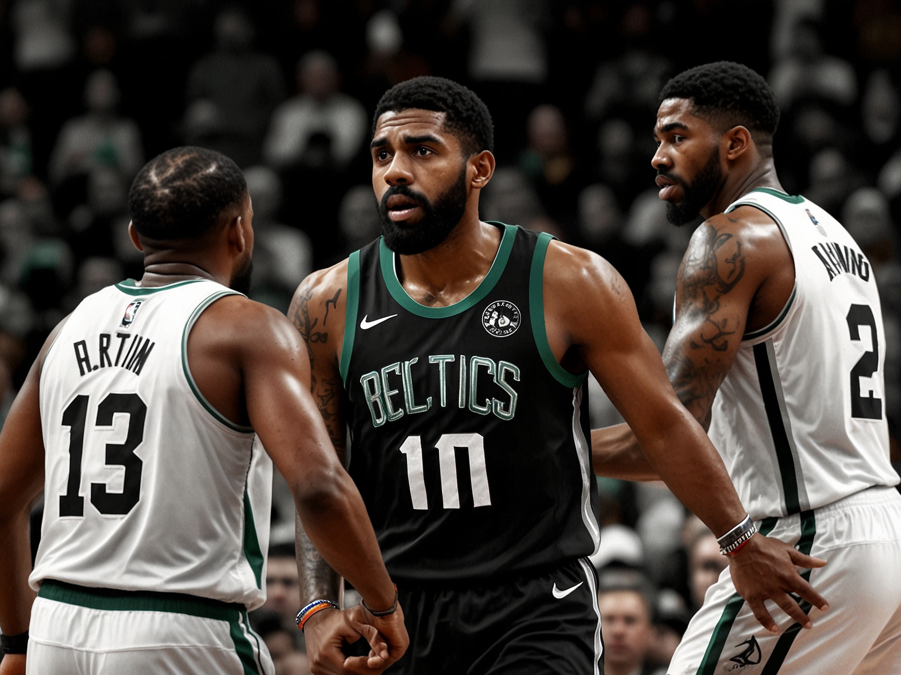 A tense moment from the Celtics vs Nets playoff series, where Kyrie Irving is guarded closely by Marcus Smart, with Boston fans in the background showing intense reactions.