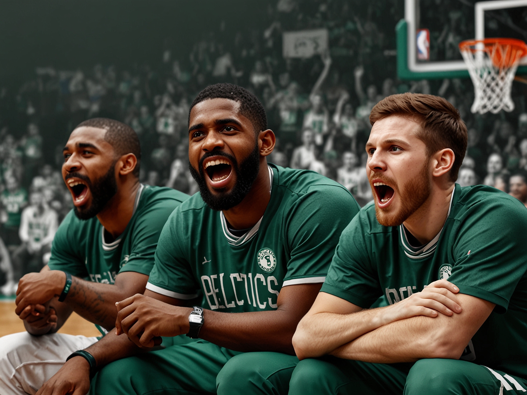 The Celtics' bench erupts in celebration during a crucial play, capturing the cohesiveness and excitement within the team contrasted by the palpable tension on Kyrie Irving's face.
