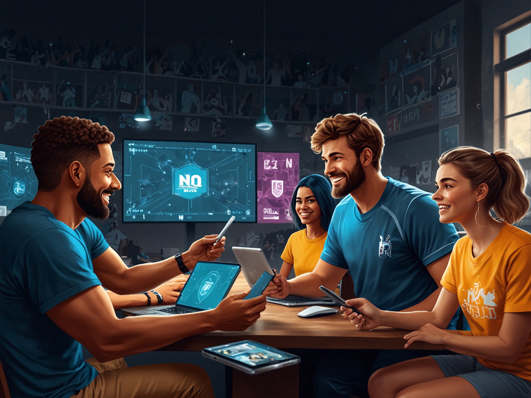 An image showing sports fans engaging with a digital platform featuring blockchain technology, showcasing NFTs, digital collectibles, and interactive polls related to their favorite sports teams.