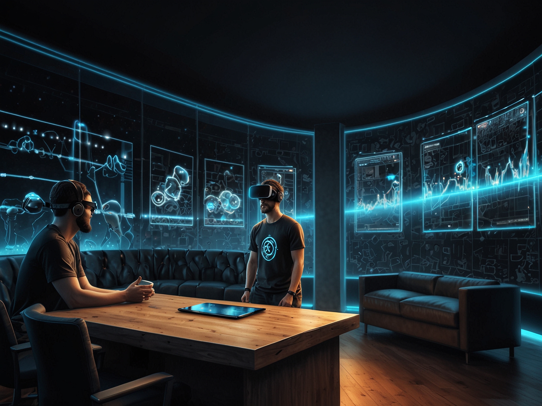 A graphic illustrating the integration of blockchain in virtual reality and augmented reality for sports fans, enabling virtual game attendance and interaction with digital avatars of athletes.