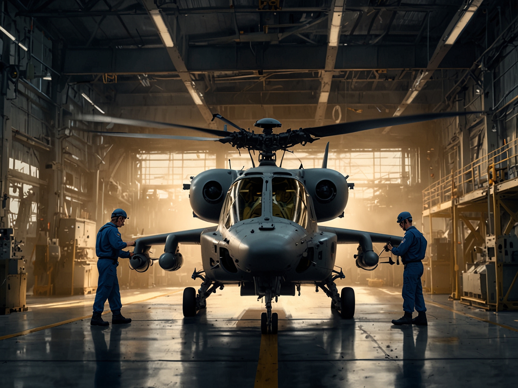 HAL's engineers working on the assembly line of the Light Combat Helicopter, showcasing the advanced manufacturing processes and technologies involved in creating this military aircraft.