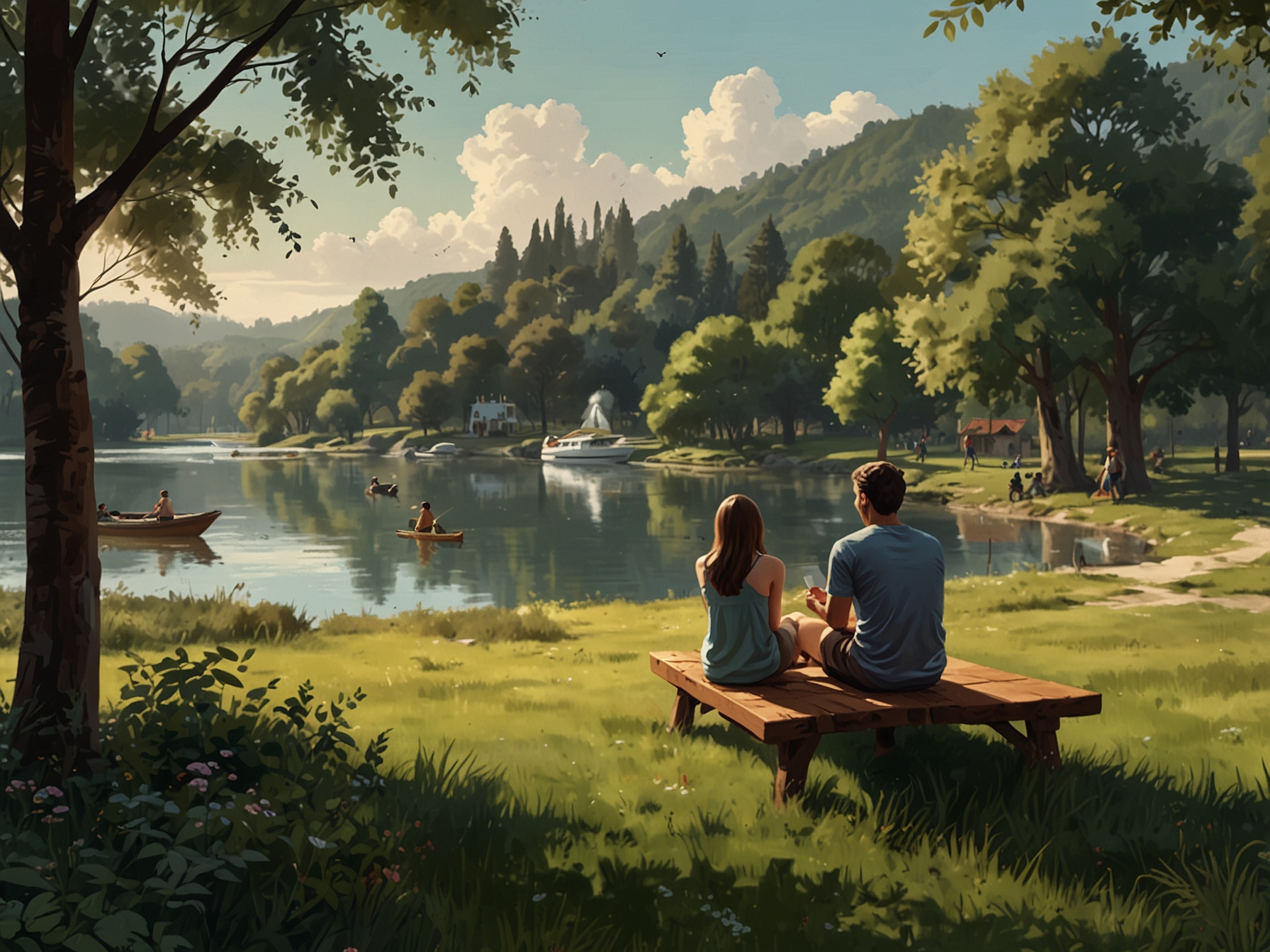 A tranquil scene with individuals enjoying outdoor activities, emphasizing the benefits of reduced screen time and increased presence in daily life due to using a dumbphone.