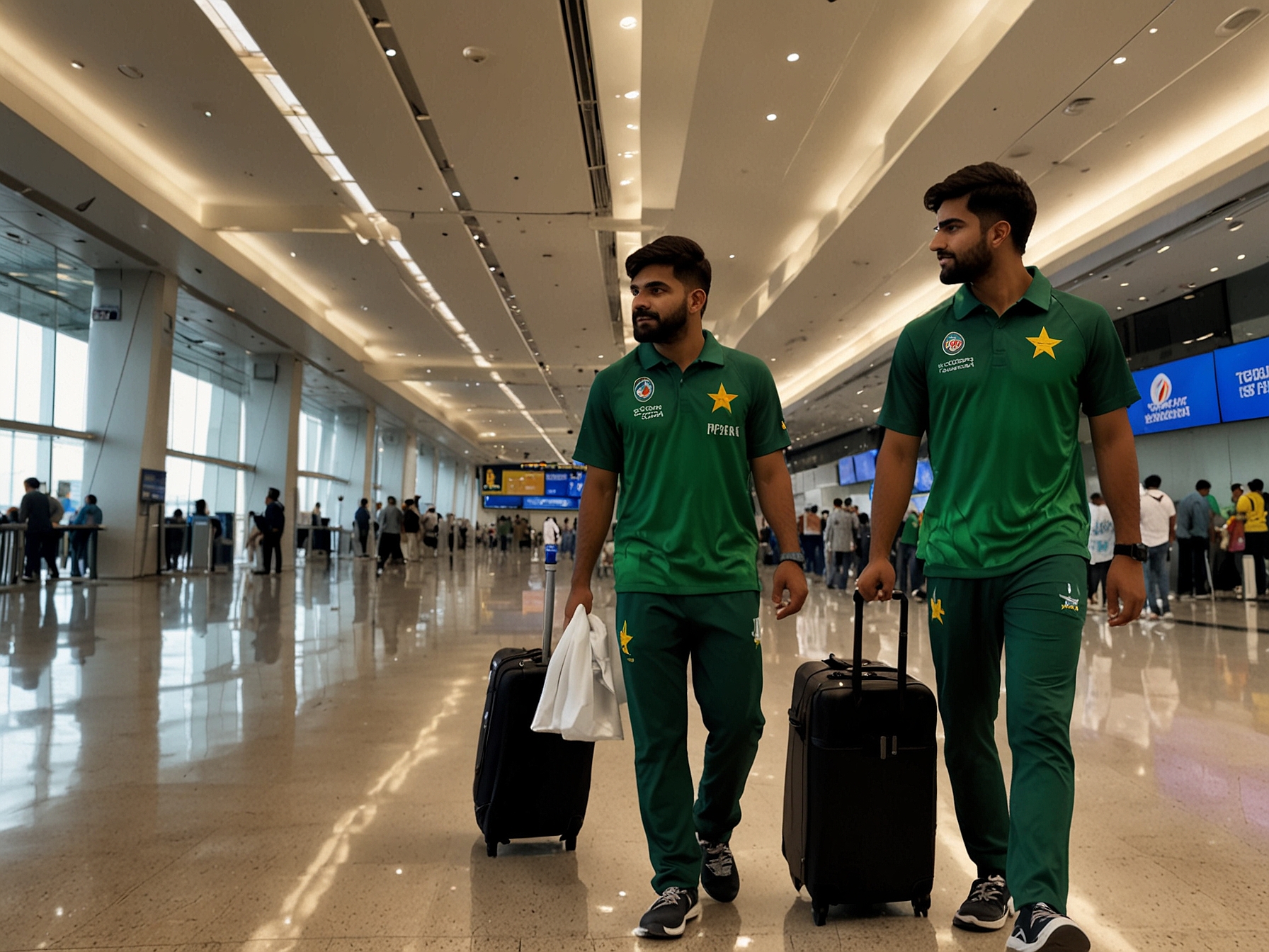 Pakistani cricket players, including Captain Babar Azam and Shadab Khan, are pictured at an airport, ready to depart for Dubai for a brief period of rest and recuperation after the T20 World Cup.