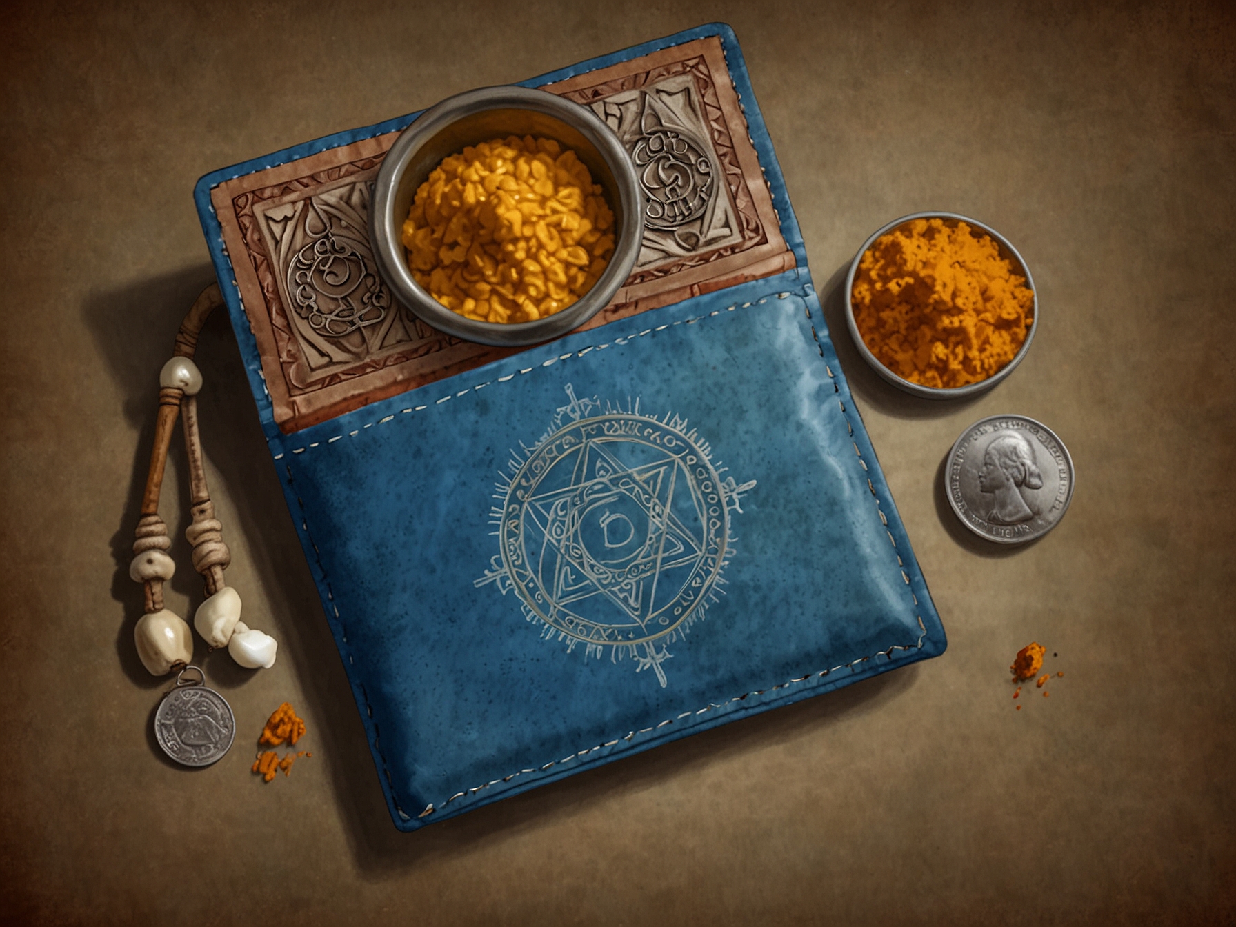 An open wallet displaying a Gomti Chakra, rice with turmeric in a small pouch, Shree Yantra, cowrie shell, and a silver coin, symbolizing the auspicious items believed to attract wealth.