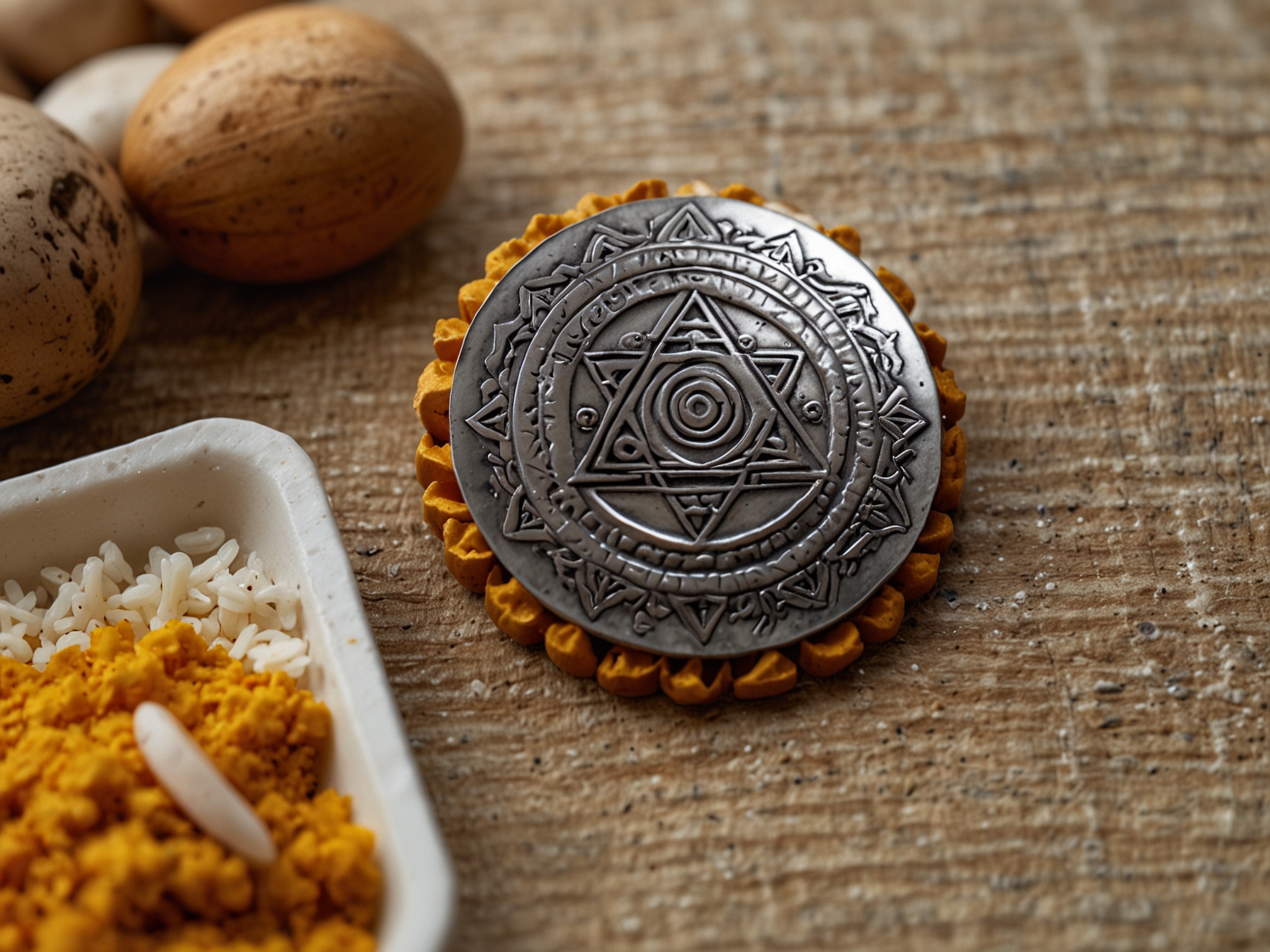 A close-up of a Gomti Chakra, Shree Yantra, and cowrie shell against a background of rice with turmeric and a silver coin, illustrating the harmonious blend of these auspicious wealth-attracting items.