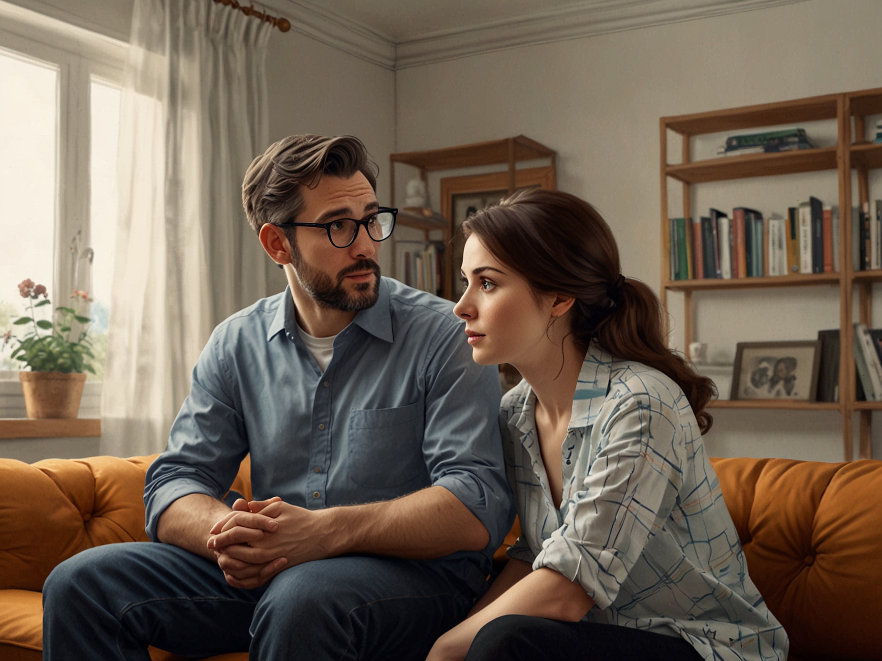 A couple having a serious conversation at home, representing the importance of open dialogue and compromise when dealing with differing opinions on having more children.