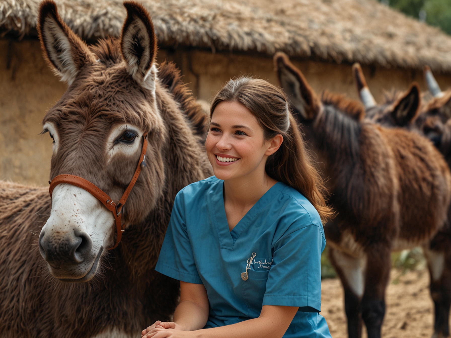 A heartwarming image of the real-life donkey that inspired Donkey from 'Shrek,' now 30 years old, receiving medical care at the sanctuary with staff providing treatments.