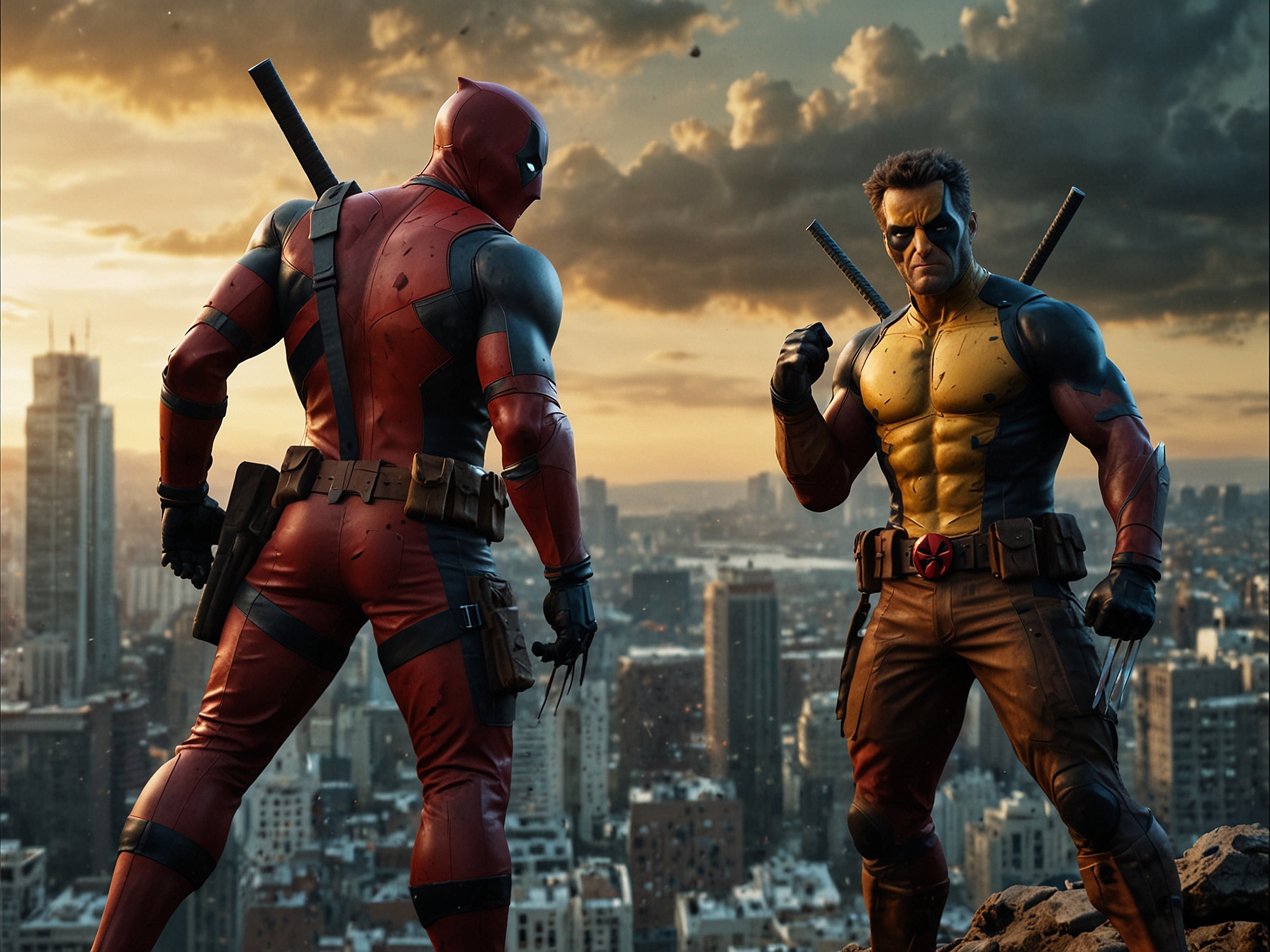 Deadpool and Wolverine striking dynamic poses against a dramatic backdrop, illustrating the film's action-packed scenes and character camaraderie. The backdrop features a blend of urban chaos and serene landscapes.