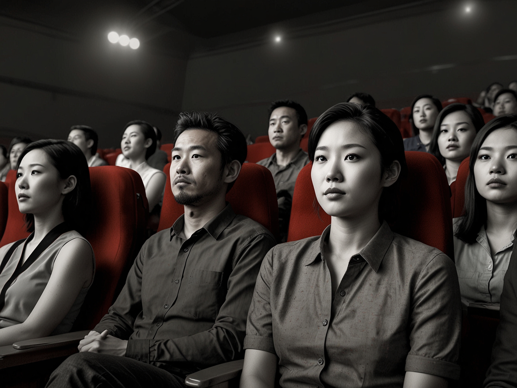 Chinese moviegoers watching a film in a modern theater, symbolizing the excitement and anticipation for 'Deadpool & Wolverine' despite the censorship cuts. The audience's varied reactions highlight the film's broad appeal.