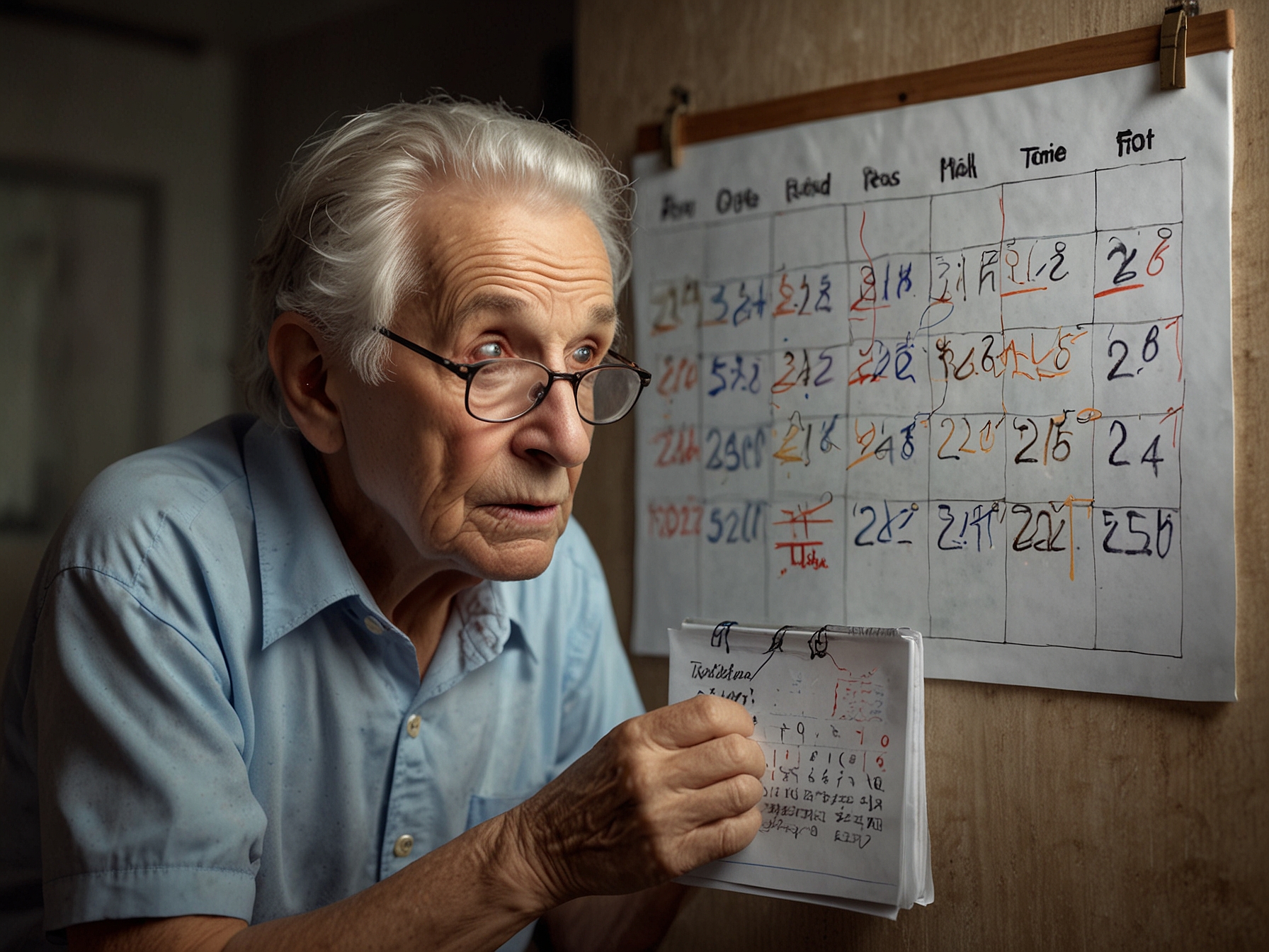 An elderly person looking confused at a calendar, symbolizing the confusion with dates and time—a common symptom of Alzheimer’s disease.