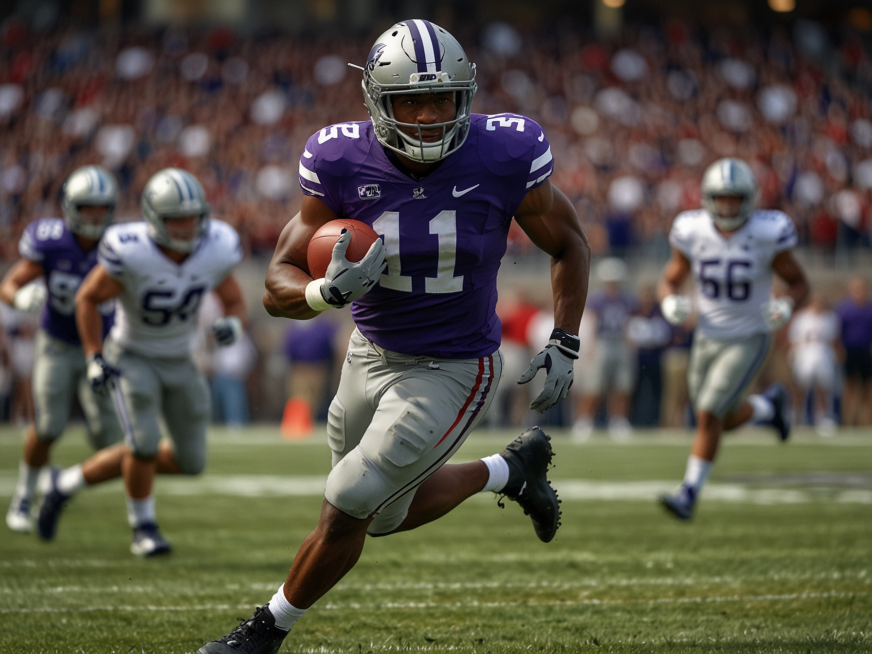 Will Howard showcasing his dual-threat capabilities with a dynamic run during a Kansas State game. This illustration captures Howard's agility and potential impact on Ohio State’s offensive strategy.