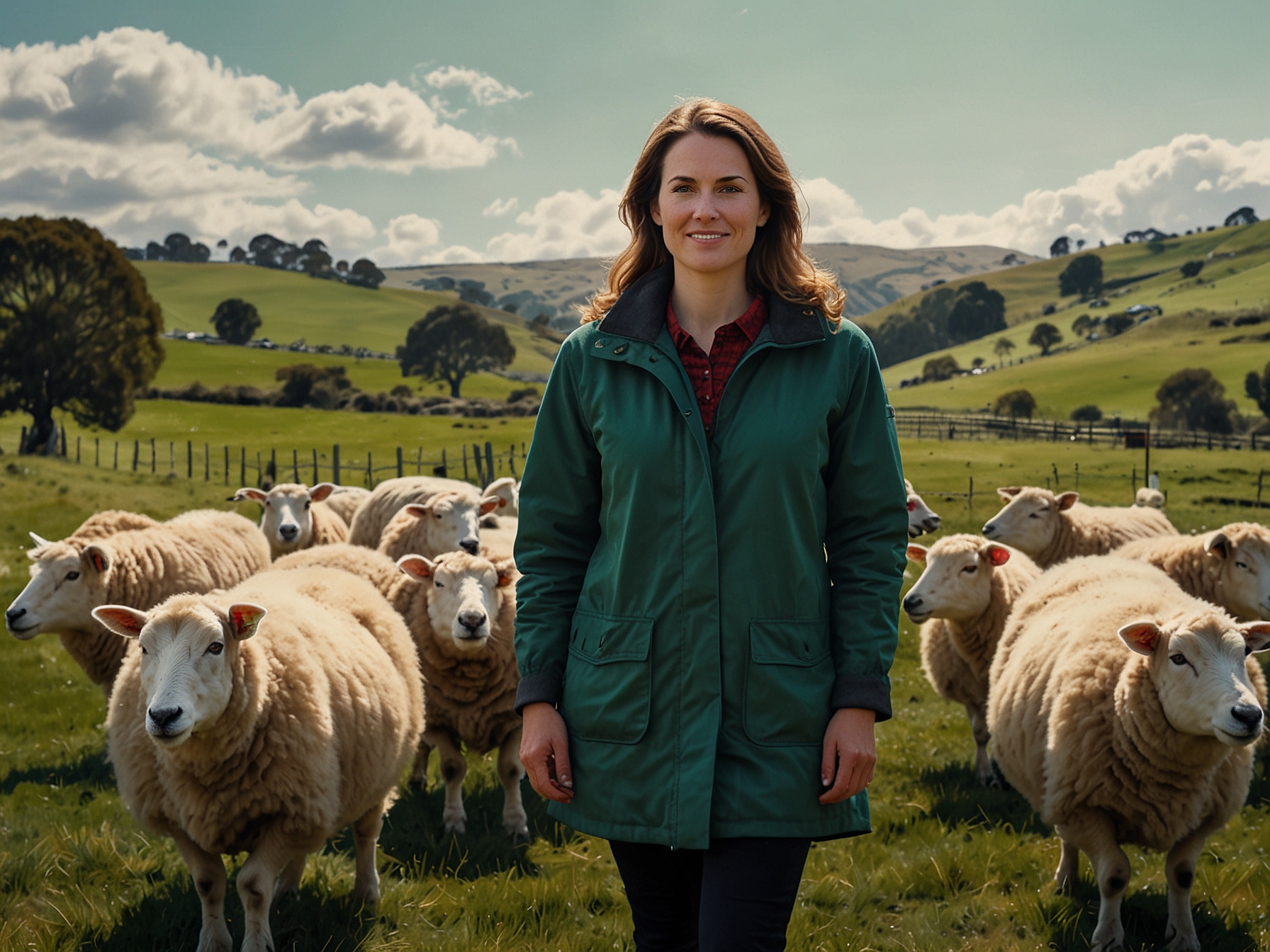 Georgina standing amidst her Otago sheep farm, showcasing the flock of Romney and Coopworth sheep. The rich, green pastures highlight the farm's dedication to ethical animal welfare.