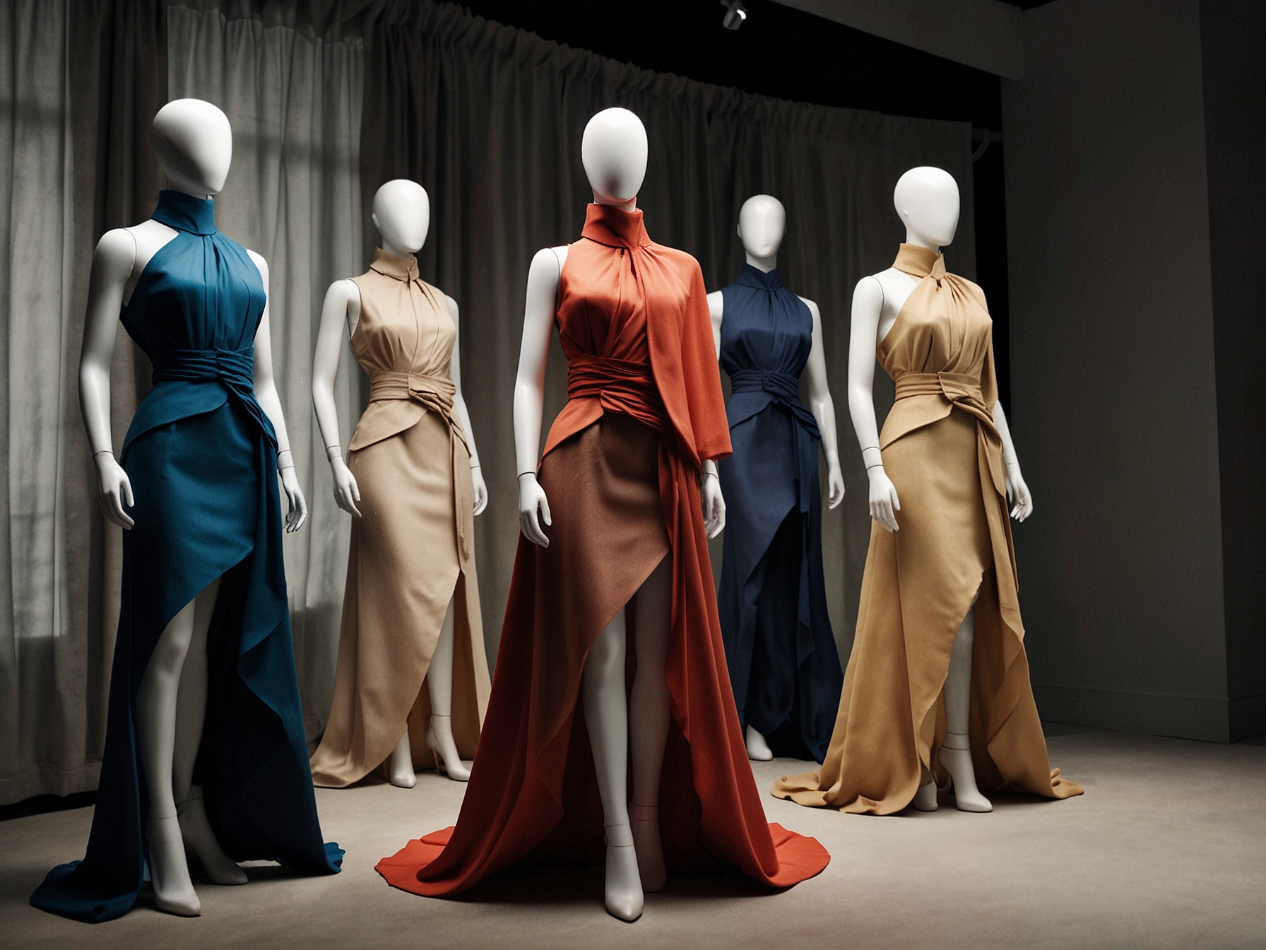 A collection of strong wool garments from Georgina's fashion label, draped elegantly on mannequins. The pieces reflect a blend of contemporary and timeless designs, emphasizing sustainability.