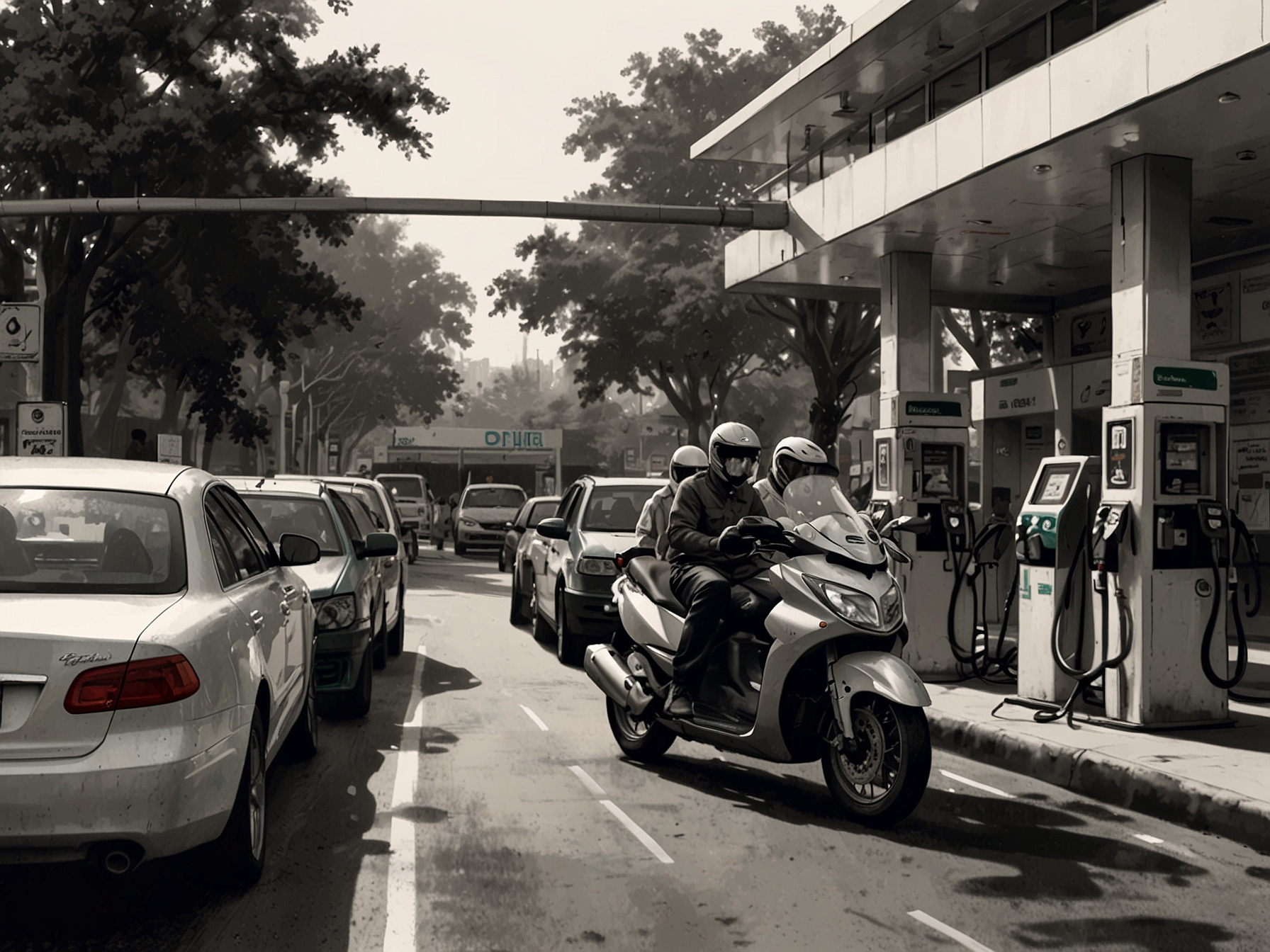 A busy fuel station in an Indian city with cars and bikes lining up for refueling, reflecting the everyday impact of current petrol and diesel prices on commuters.