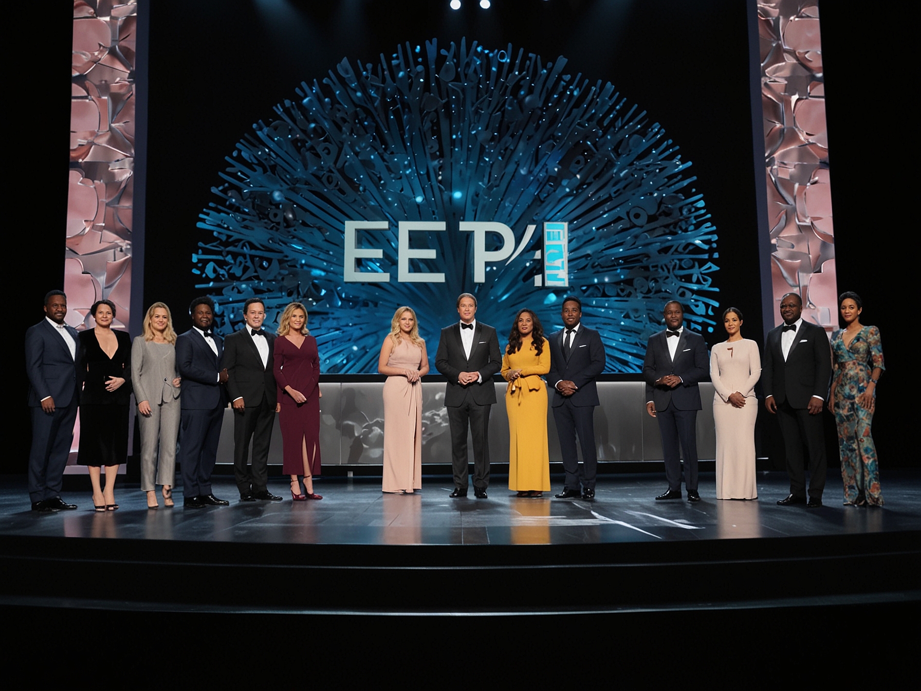 NBCUniversal and Group Black executives announce the launch of E!+ on Peacock, showcasing a diverse range of Black-led and produced media content on a stage with the E!+ logo displayed.