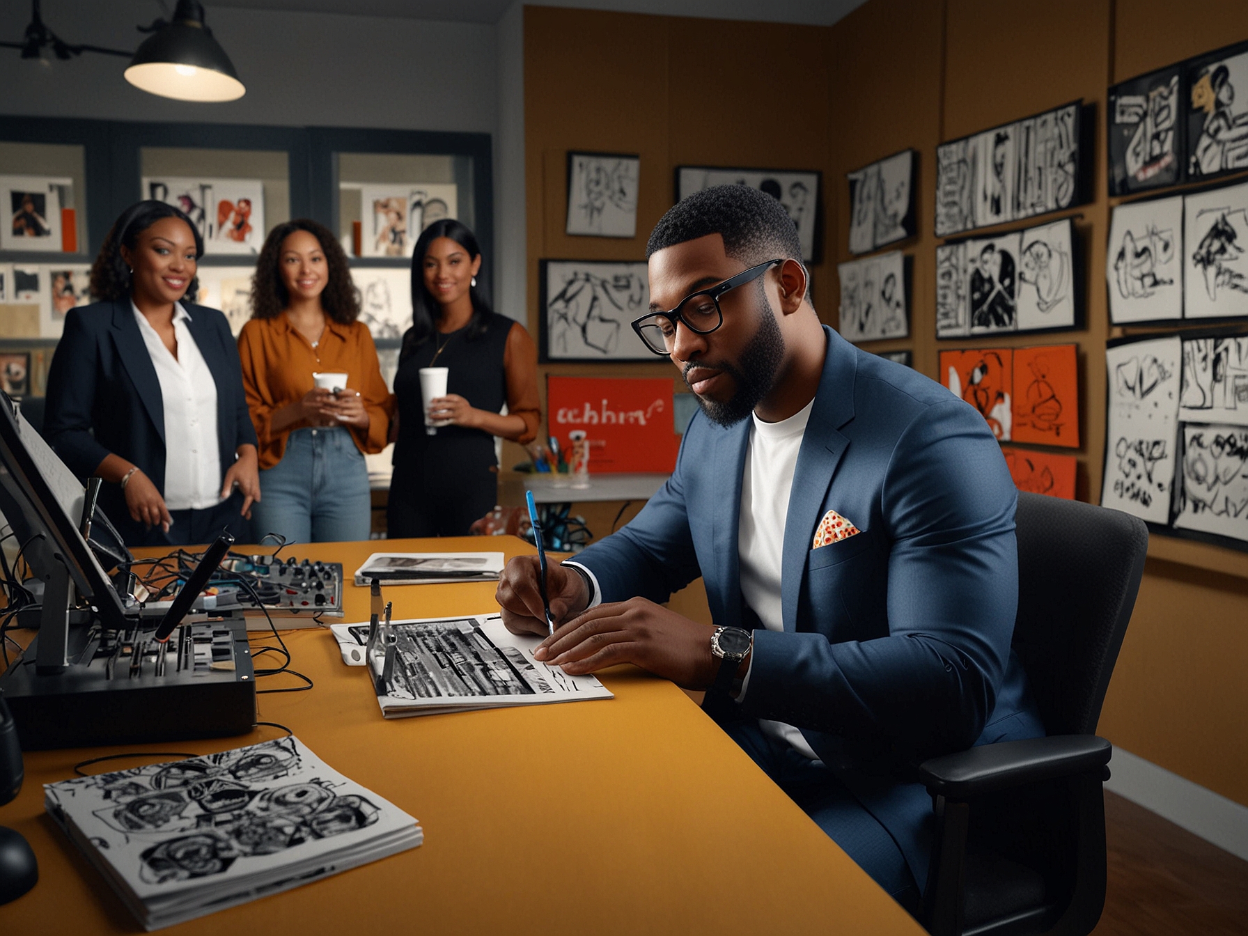 A behind-the-scenes look at a Black creator working on an original series for E!+, highlighting the collaborative spirit and innovative programming intended to resonate with multicultural audiences.