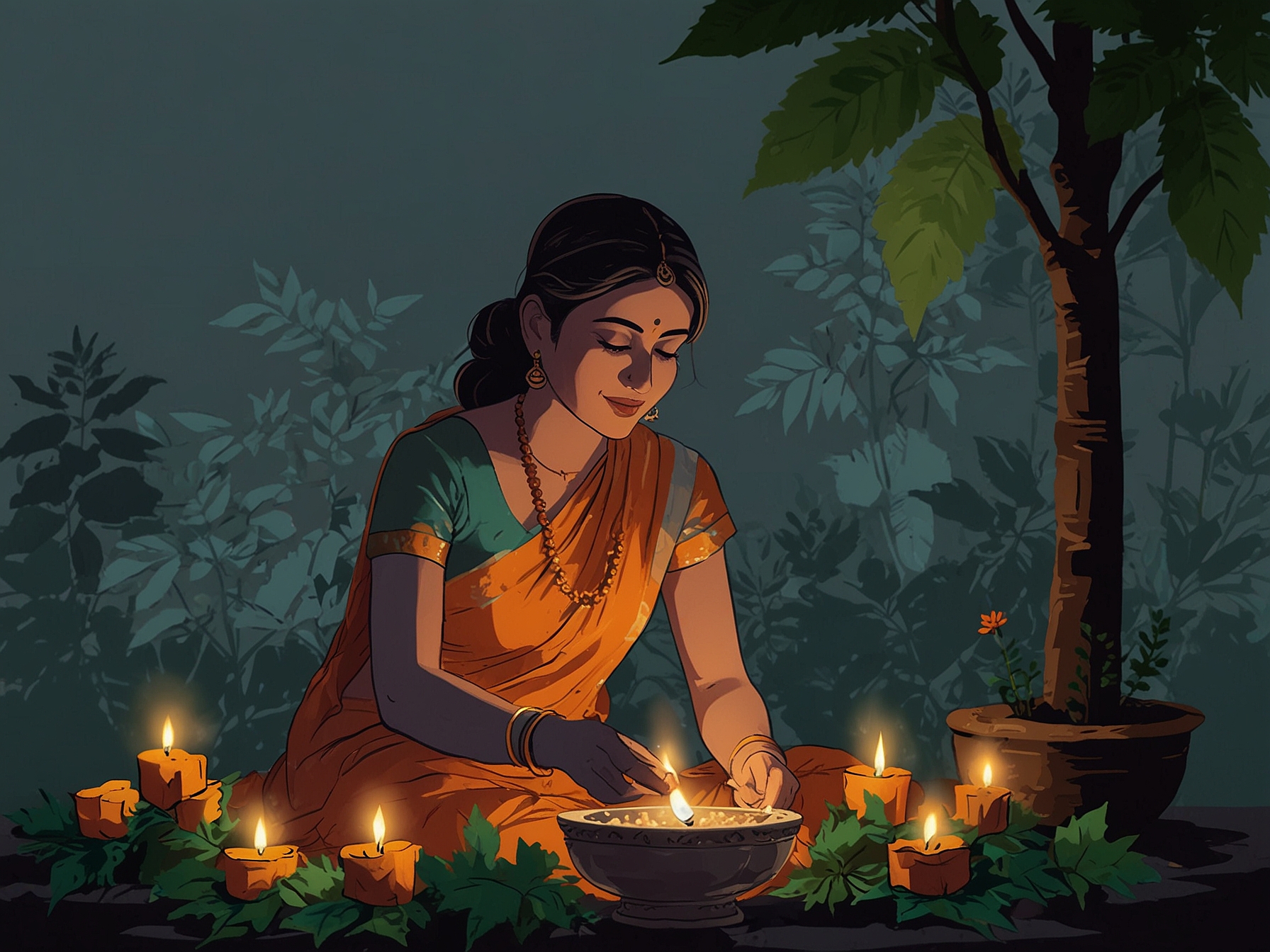 A devotee lighting a diya in front of a Tulsi plant during Nirjala Ekadashi, symbolizing the dispelling of financial darkness and inviting prosperity into the home.