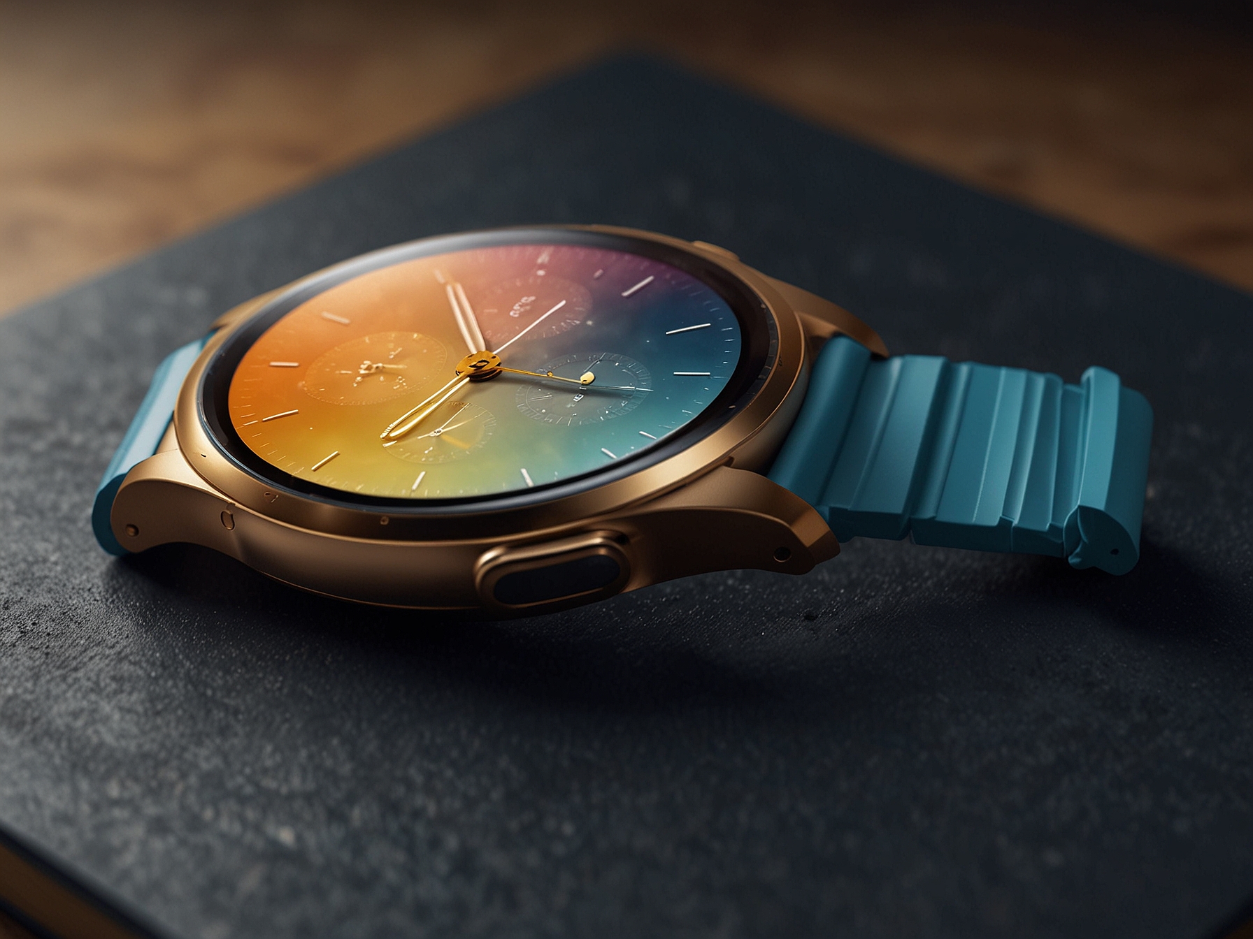 A rendered image showcases the Galaxy Watch 7 in its rumored new colors including Mystic Bronze, Cloud Blue, and Solar Yellow, placed beside a laptop and smartphone, indicating its stylish and versatile appeal.