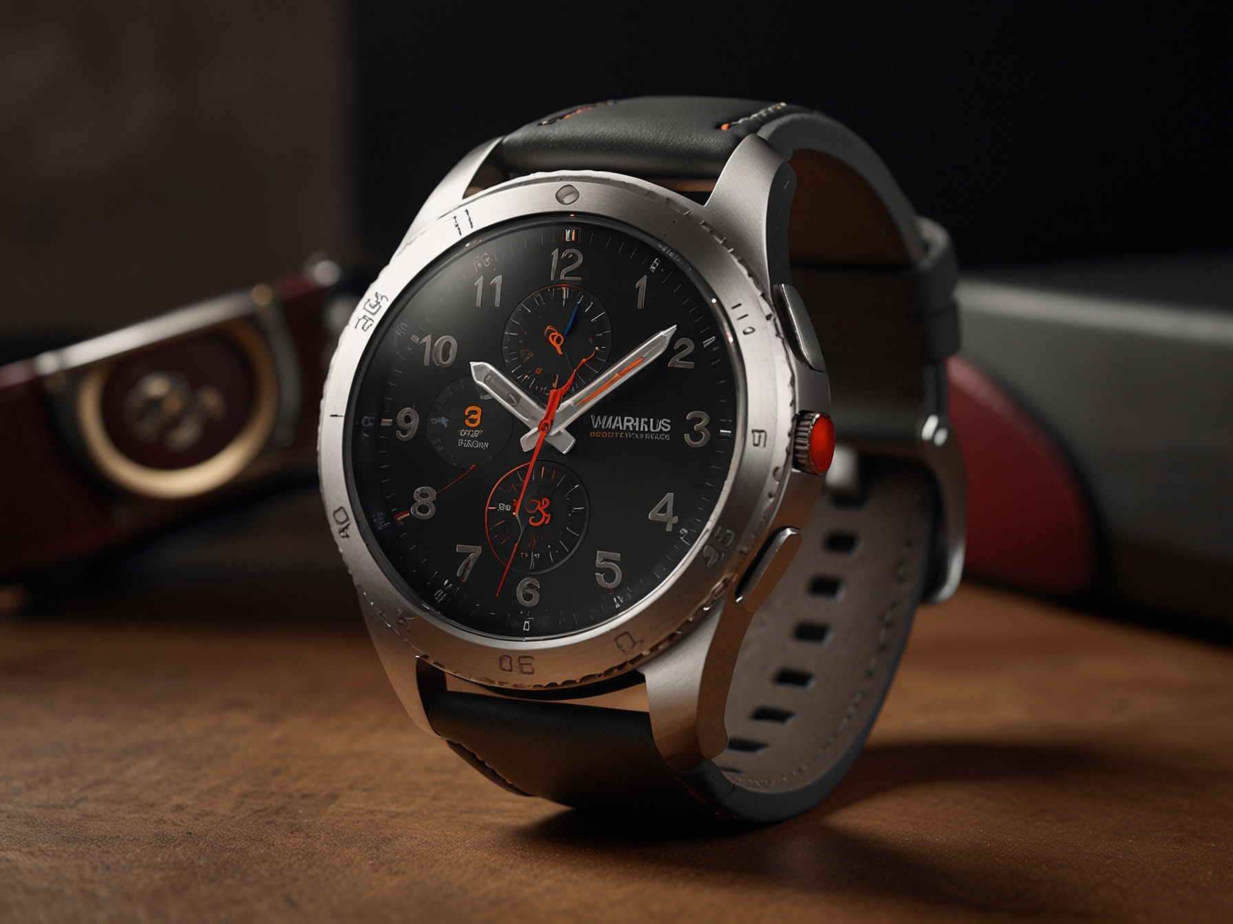 The Galaxy Watch Ultra is displayed in sophisticated colors like Graphite Black, Titanium Silver, and Rogue Red, alongside professional accessories such as a briefcase and glasses, emphasizing its premium and business-friendly design.