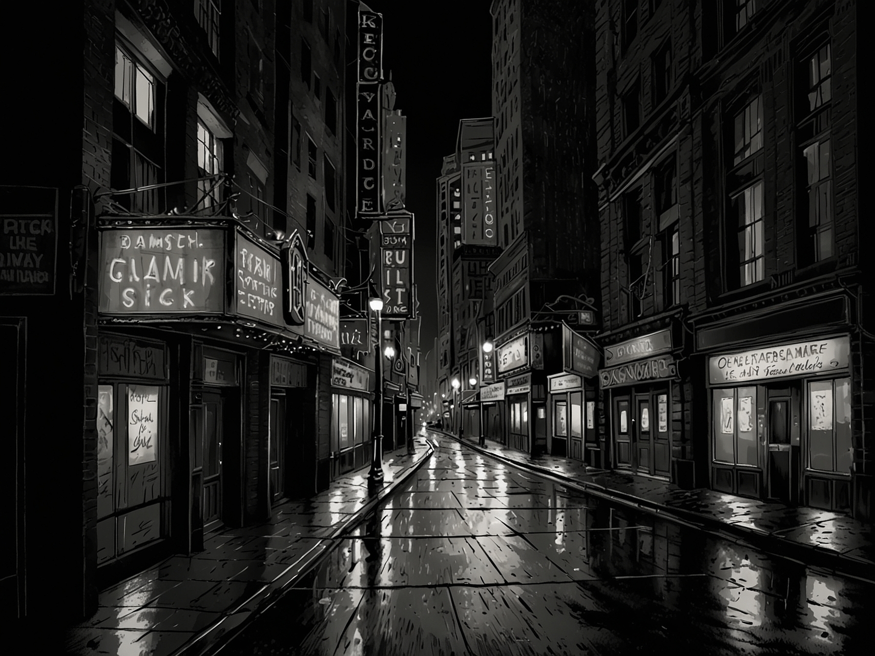 A dimly lit Broadway theater district, showing empty streets and shuttered venues, symbolizing the financial struggles and decreased foot traffic since the pandemic.