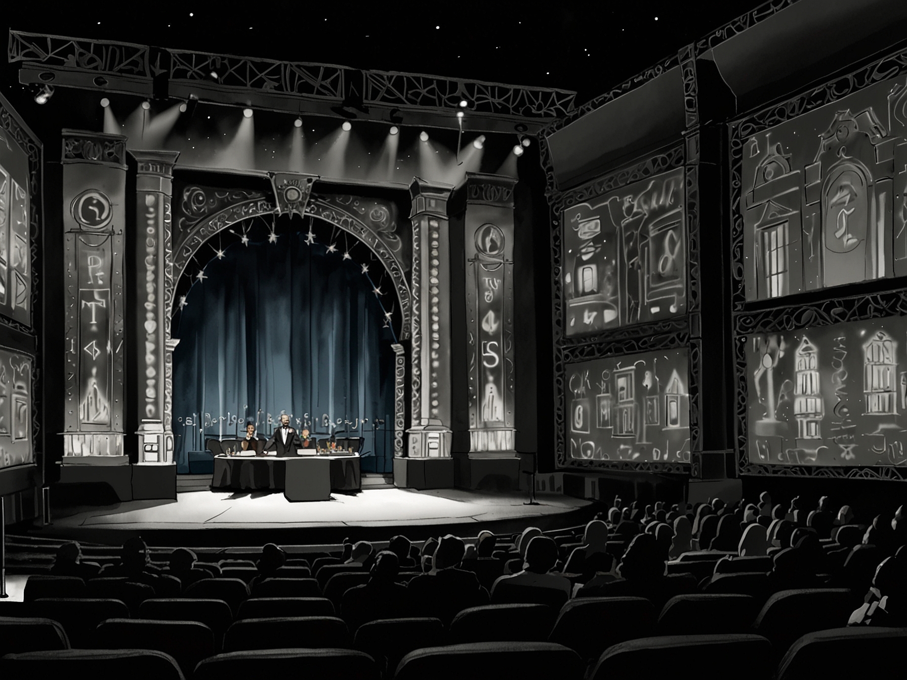 A Tony Awards stage setup with a glitzy backdrop, capturing the contrast between the event's glamour and the underlying financial woes faced by Broadway investors.