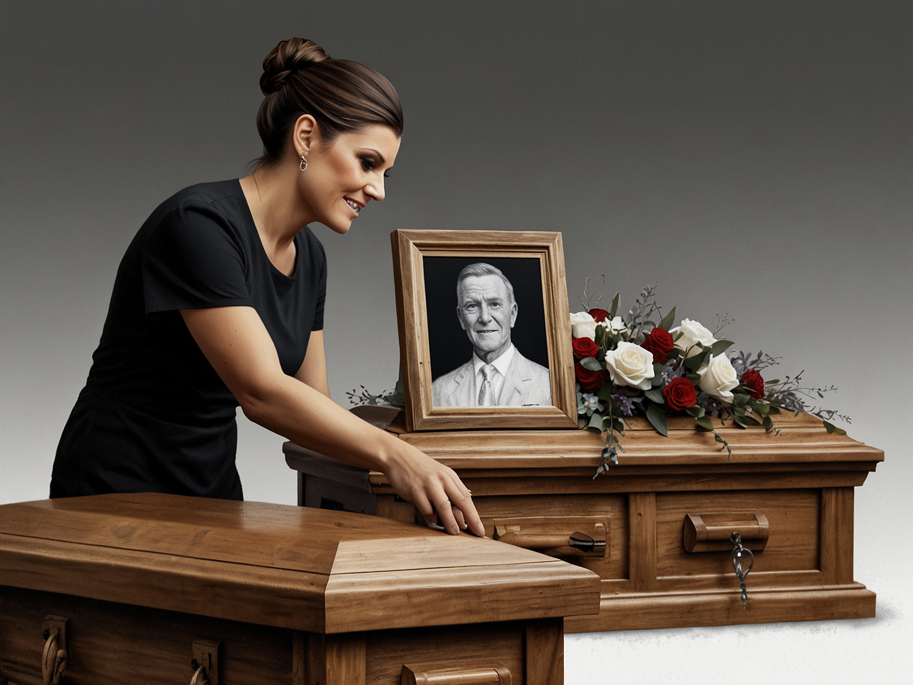 Kym Marsh placing a photograph of a cherished moment with her father into his coffin as a heartfelt final tribute symbolizing their unbreakable bond.