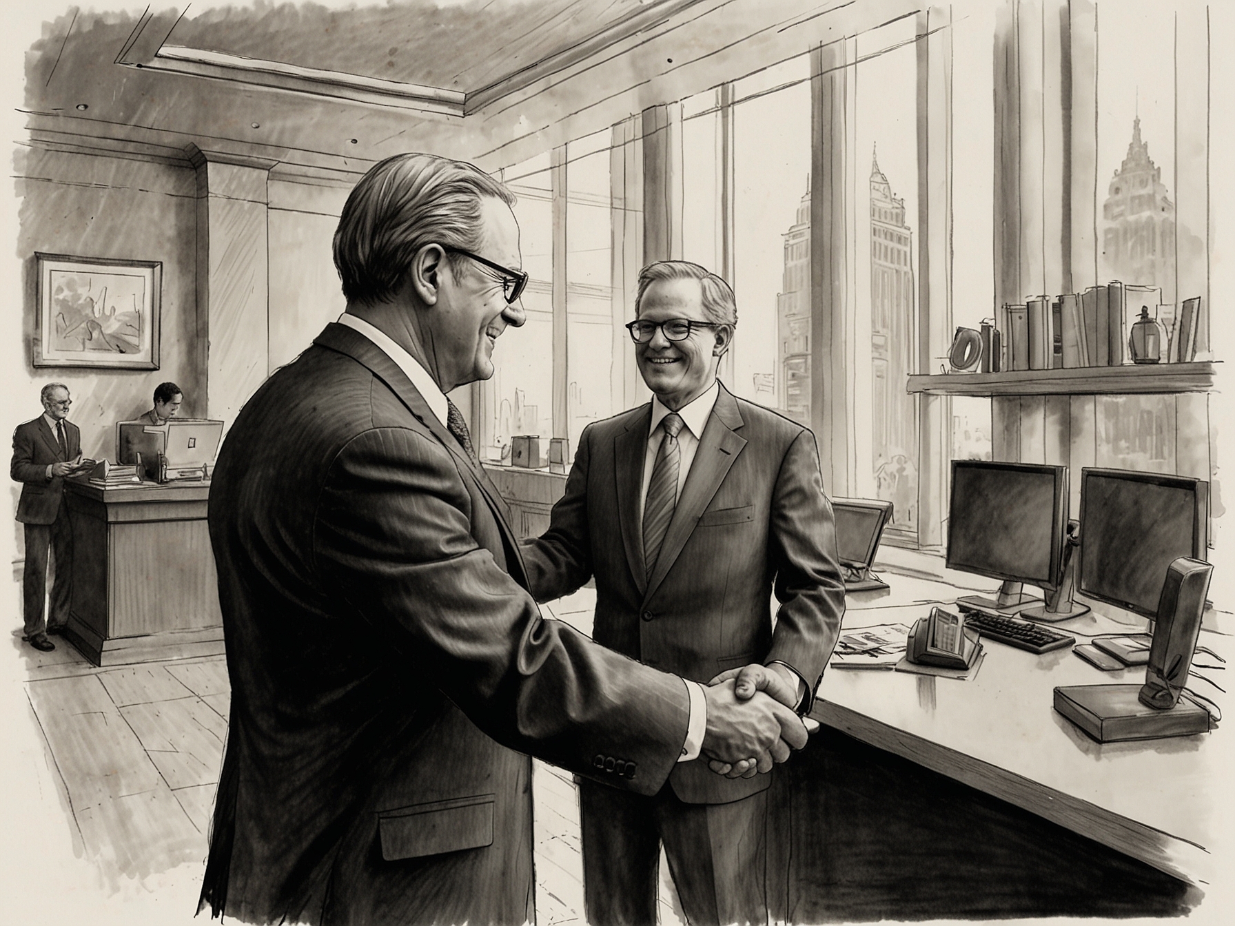 An illustration showing a handshake between executives of Fisher Investments and Advent International, symbolizing their new strategic partnership and mutual benefits.