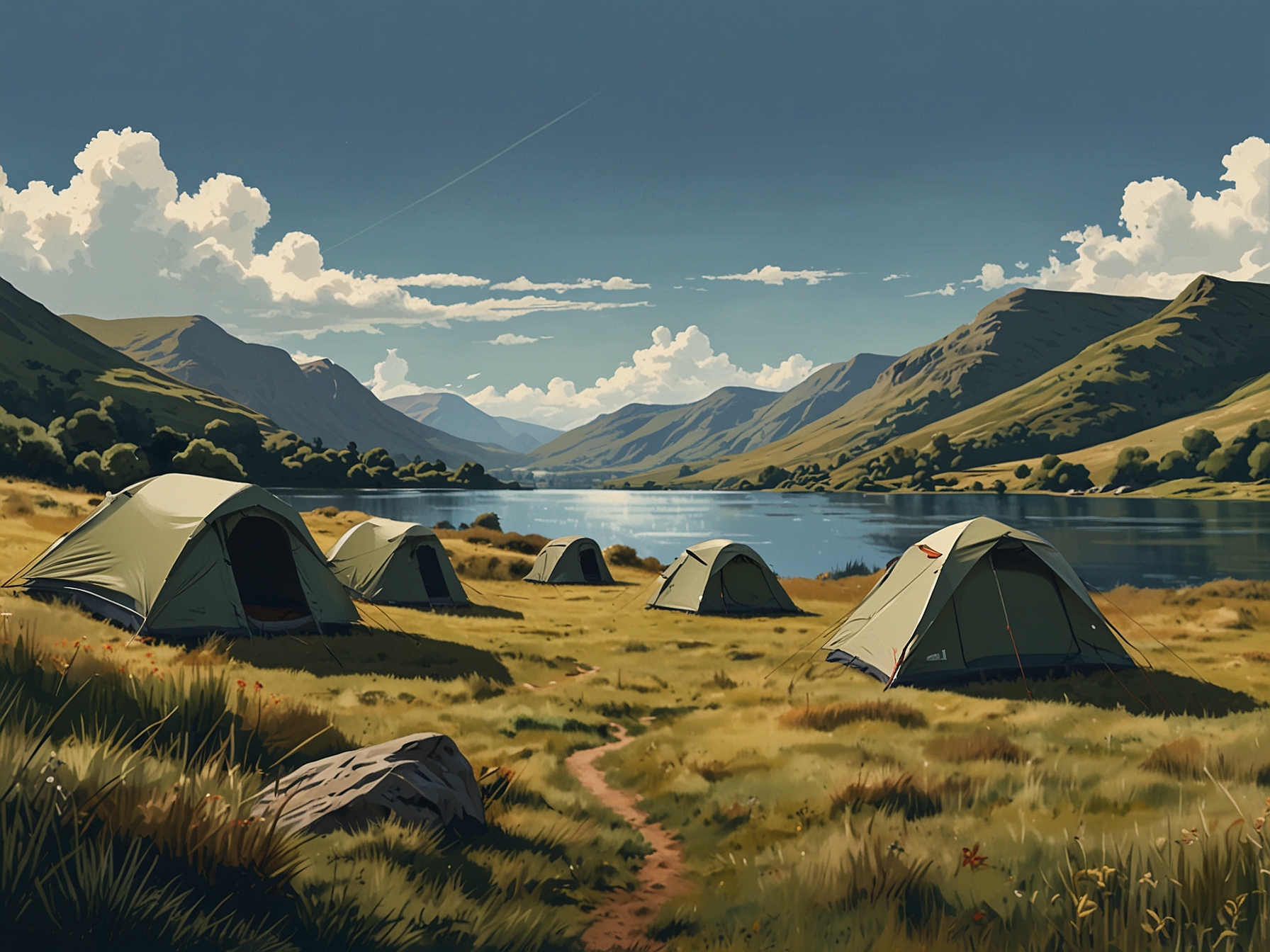 A serene campsite in the Lake District with tents set up by the lakeside, surrounded by rolling hills and clear blue skies, capturing the natural beauty and tranquility of the area.