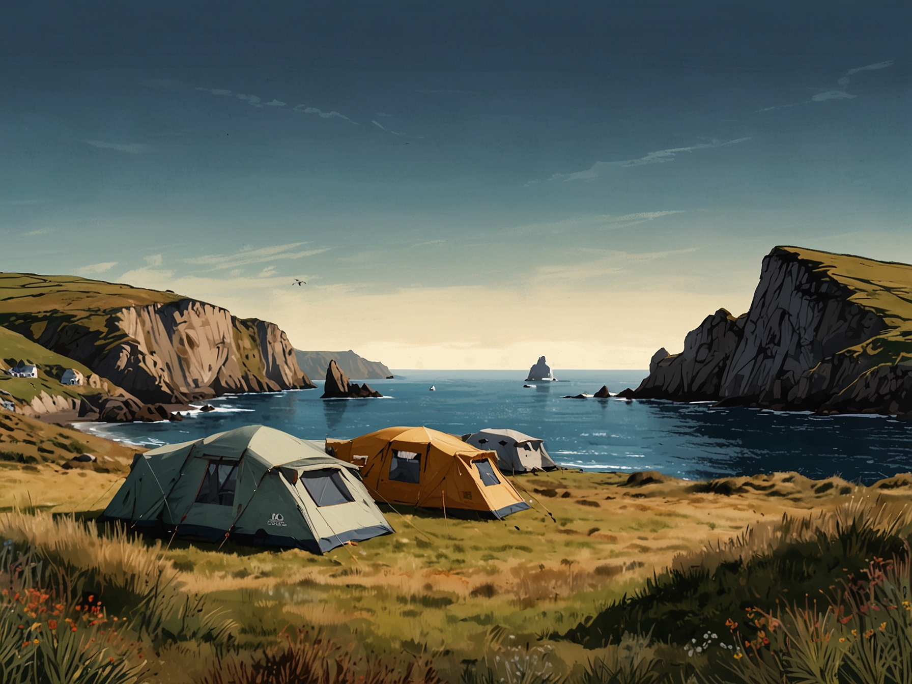 A stunning coastal campsite in Cornwall featuring tents near golden sands with the dramatic cliffs of Land's End in the background, highlighting the diverse scenery campers can enjoy.