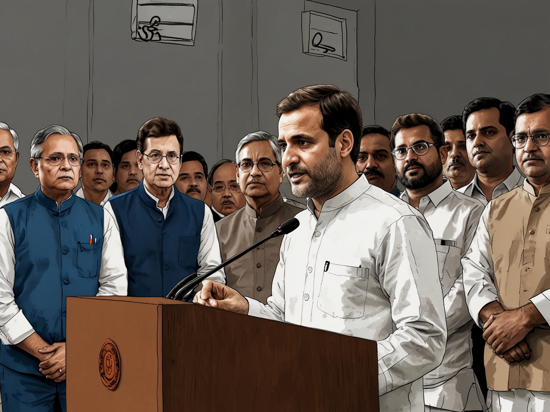 A high-profile political meeting featuring Rahul Gandhi addressing media, emphasizing the need for EVM transparency to safeguard India's electoral integrity.