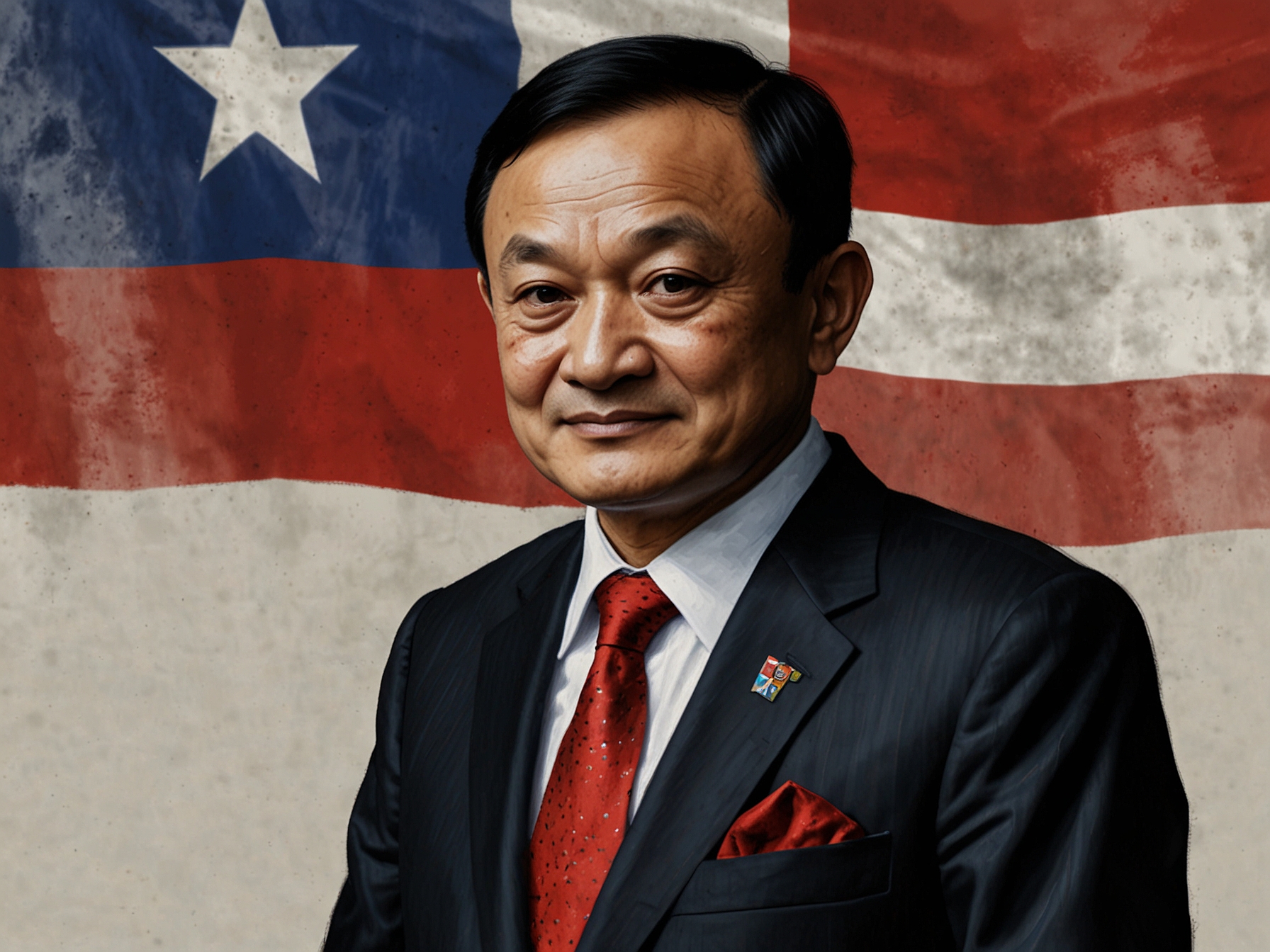 Portrait of former Thai Prime Minister Thaksin Shinawatra, illustrating his controversial political career and charges under Thailand's lèse-majesté laws.