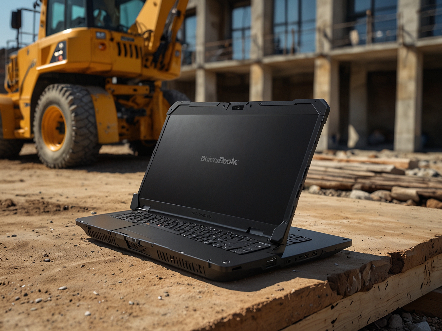 The new Durabook S15 rugged laptop, featuring a sleek design and lightweight build, sits on a construction site table, showcasing its 1000-nit IPS display clearly visible under bright sunlight.
