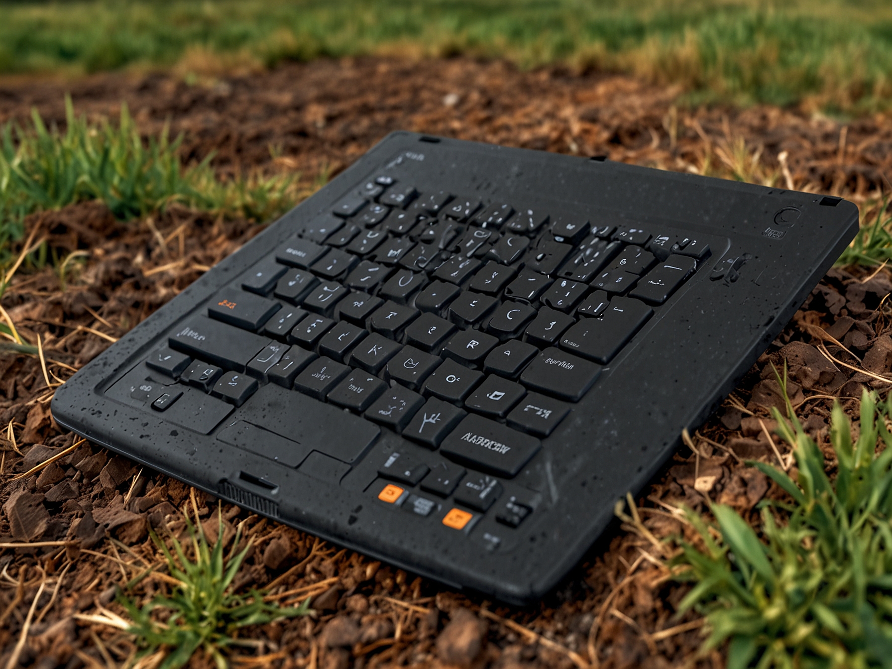 A close-up image of the Durabook S15 keyboard, demonstrating its spill-resistant design, with the laptop in a field environment, highlighting its robustness and MIL-STD-810G durability standards.