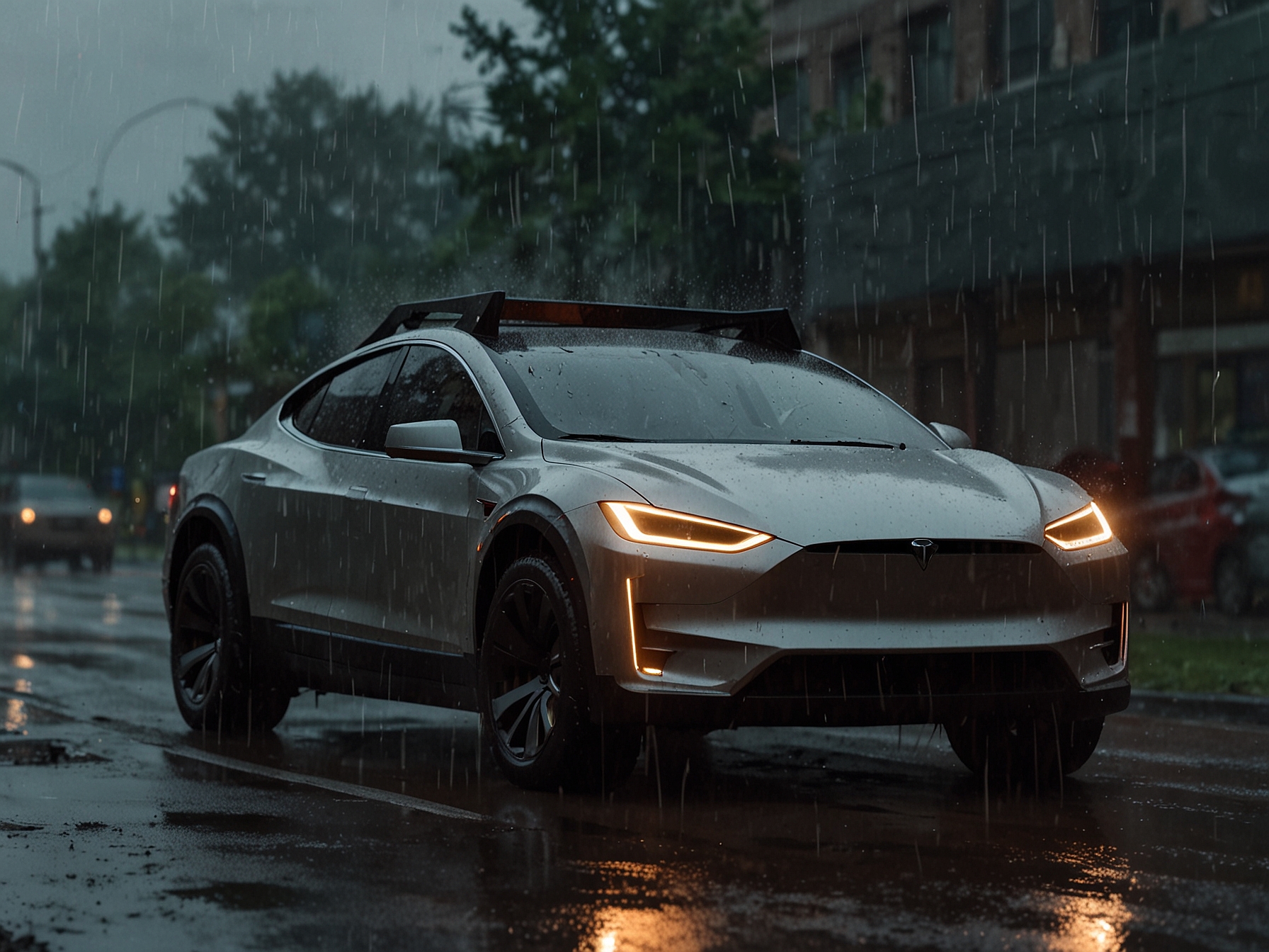 A close-up image of a Tesla Cybertruck in heavy rain, highlighting the oversized windshield wipers struggling to clear the large windshield, illustrating the issue discussed in the article.