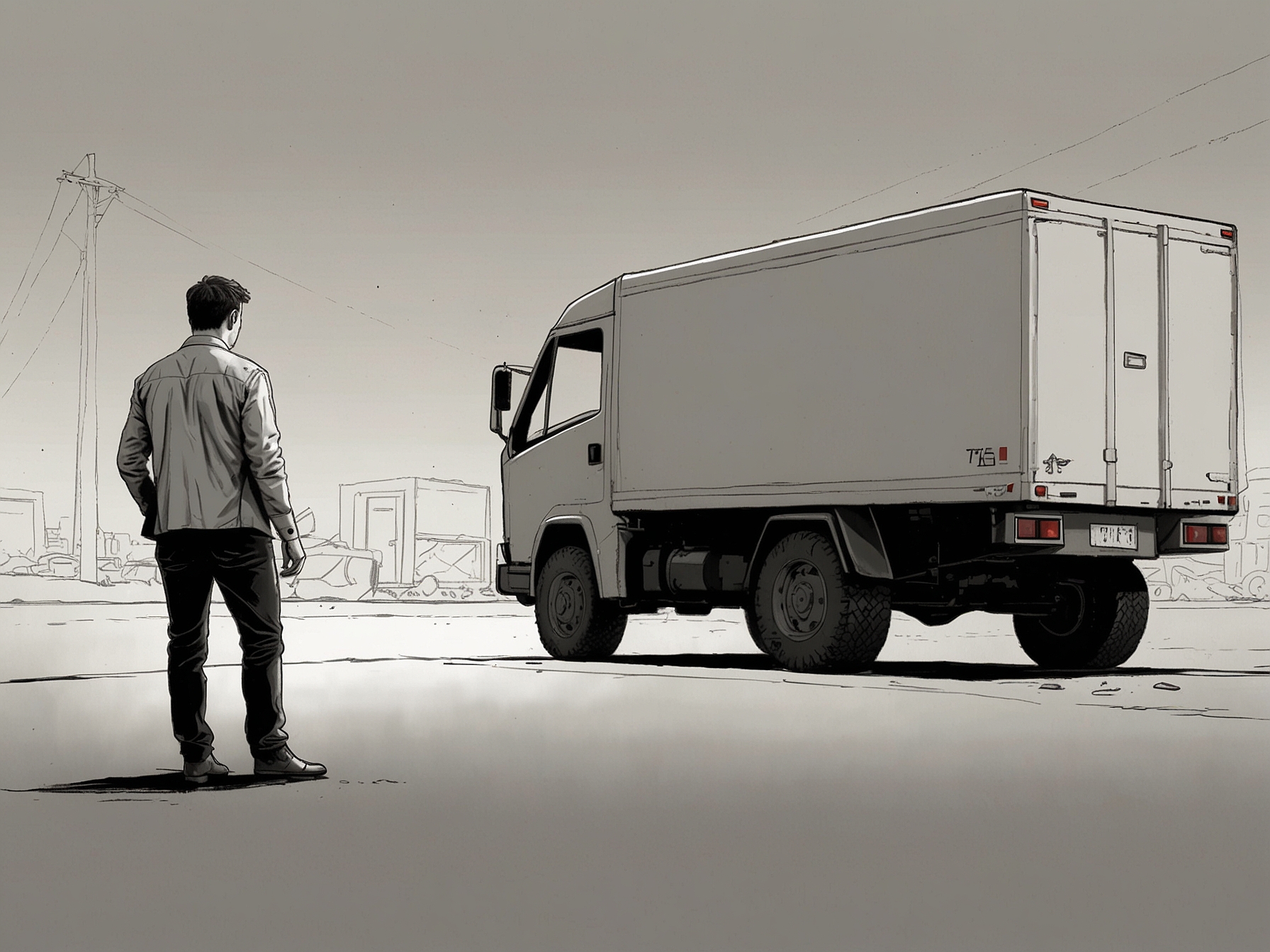 An image depicting a disappointed Tesla customer looking at their undelivered Cybertruck, symbolizing the frustration and anticipation among buyers due to the delivery cancellations.
