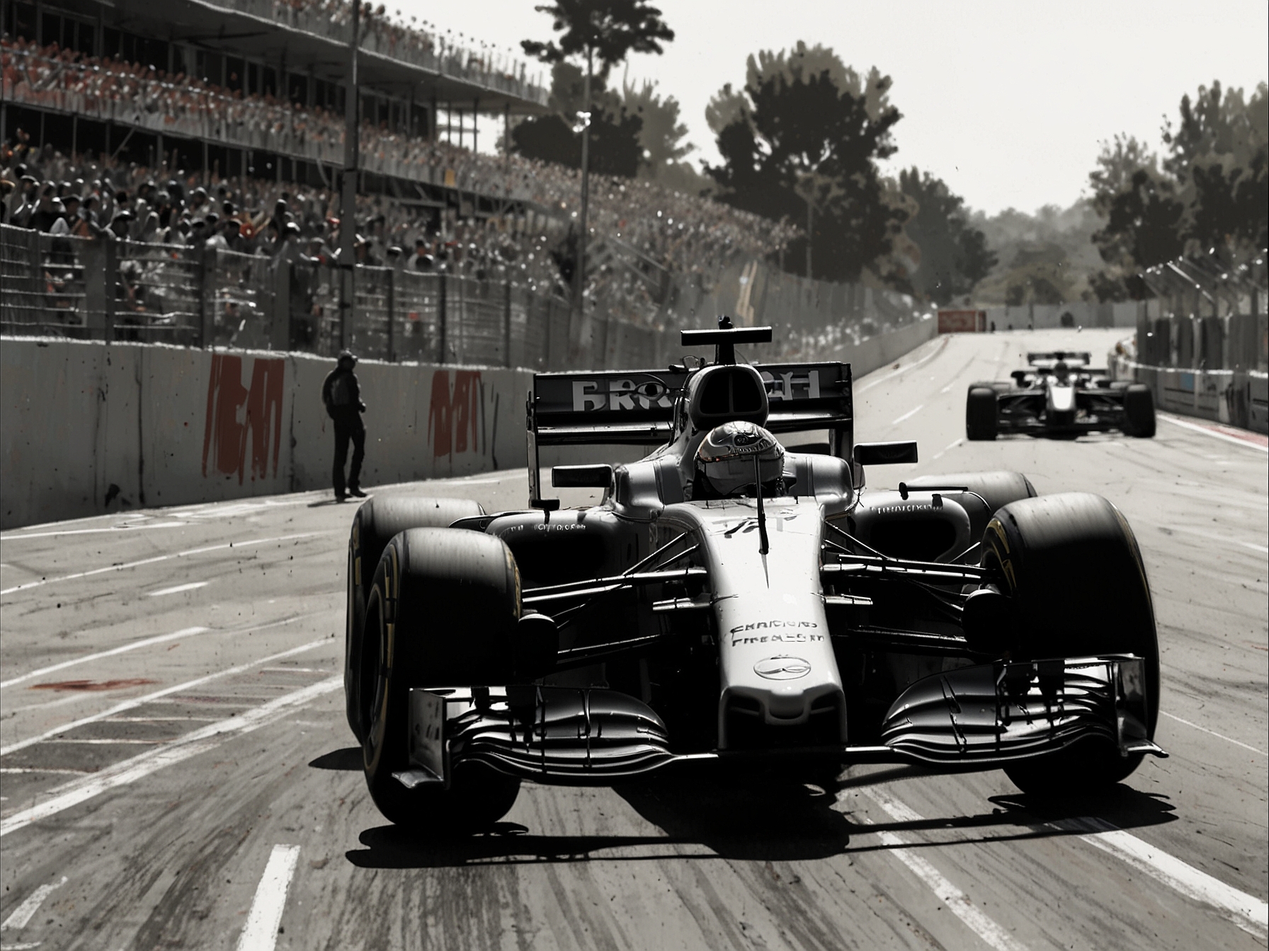 An F1 driver navigating a challenging corner at the Circuit de Barcelona-Catalunya, with the backdrop of fans and high-tech pit crew, symbolizing the physical and mental demands of the sport.