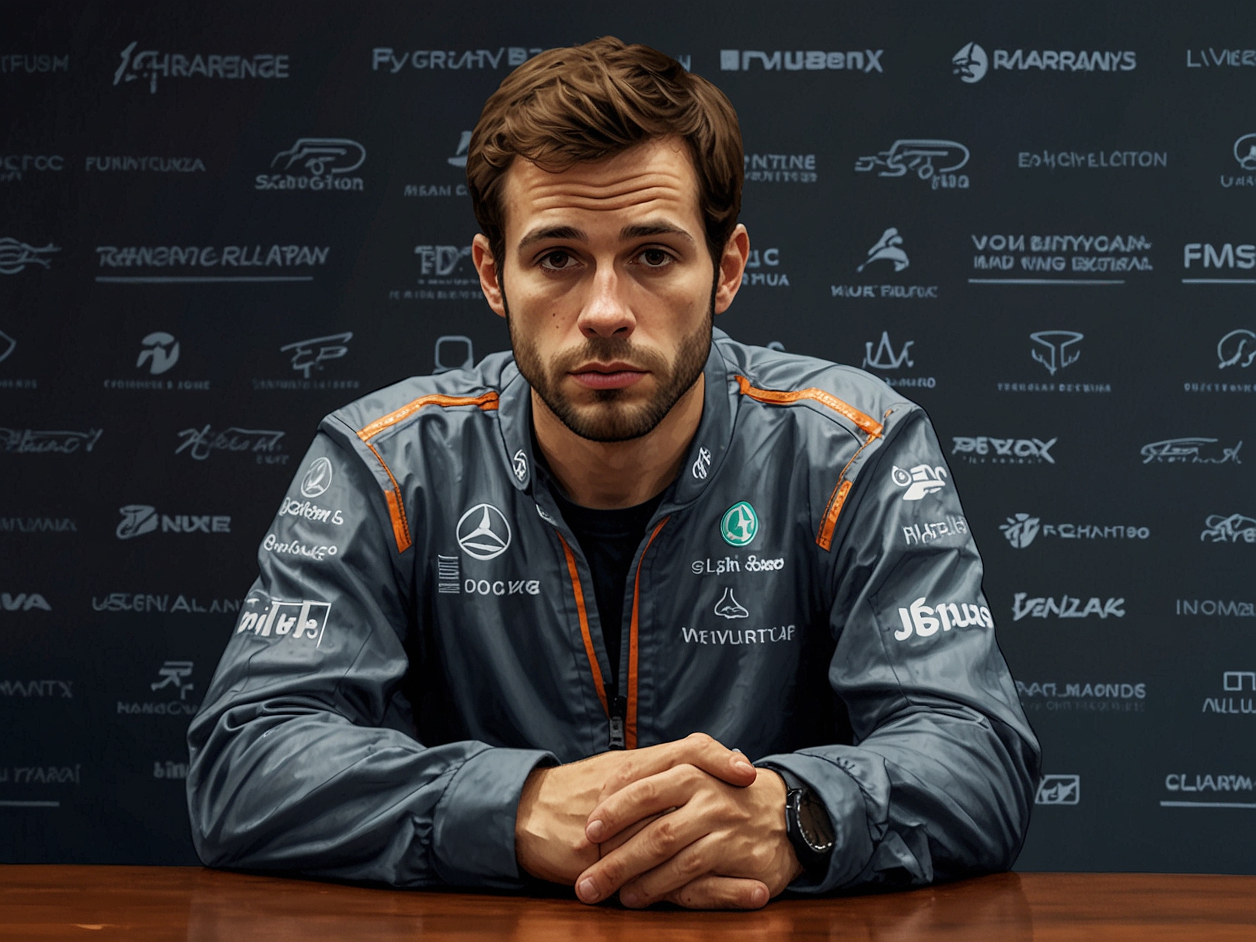 A concerned F1 star during a press conference, addressing the media about the urgent need for an investigation into driver well-being, highlighting the physical and mental stress faced by drivers.