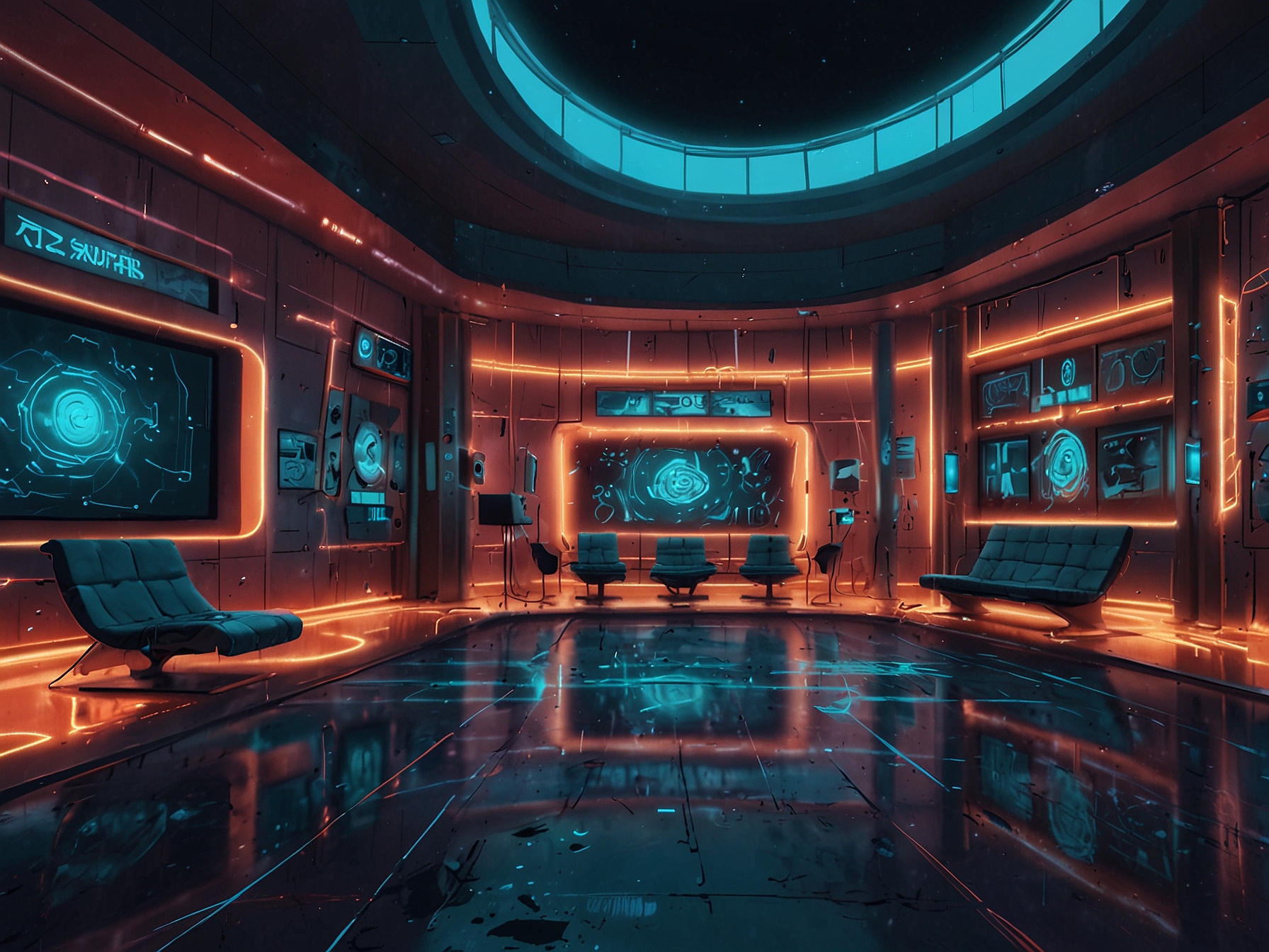 A futuristic Big Brother house where an AI system adjusts the difficulty of a challenge in real-time, creating a more engaging and unpredictable experience for contestants.
