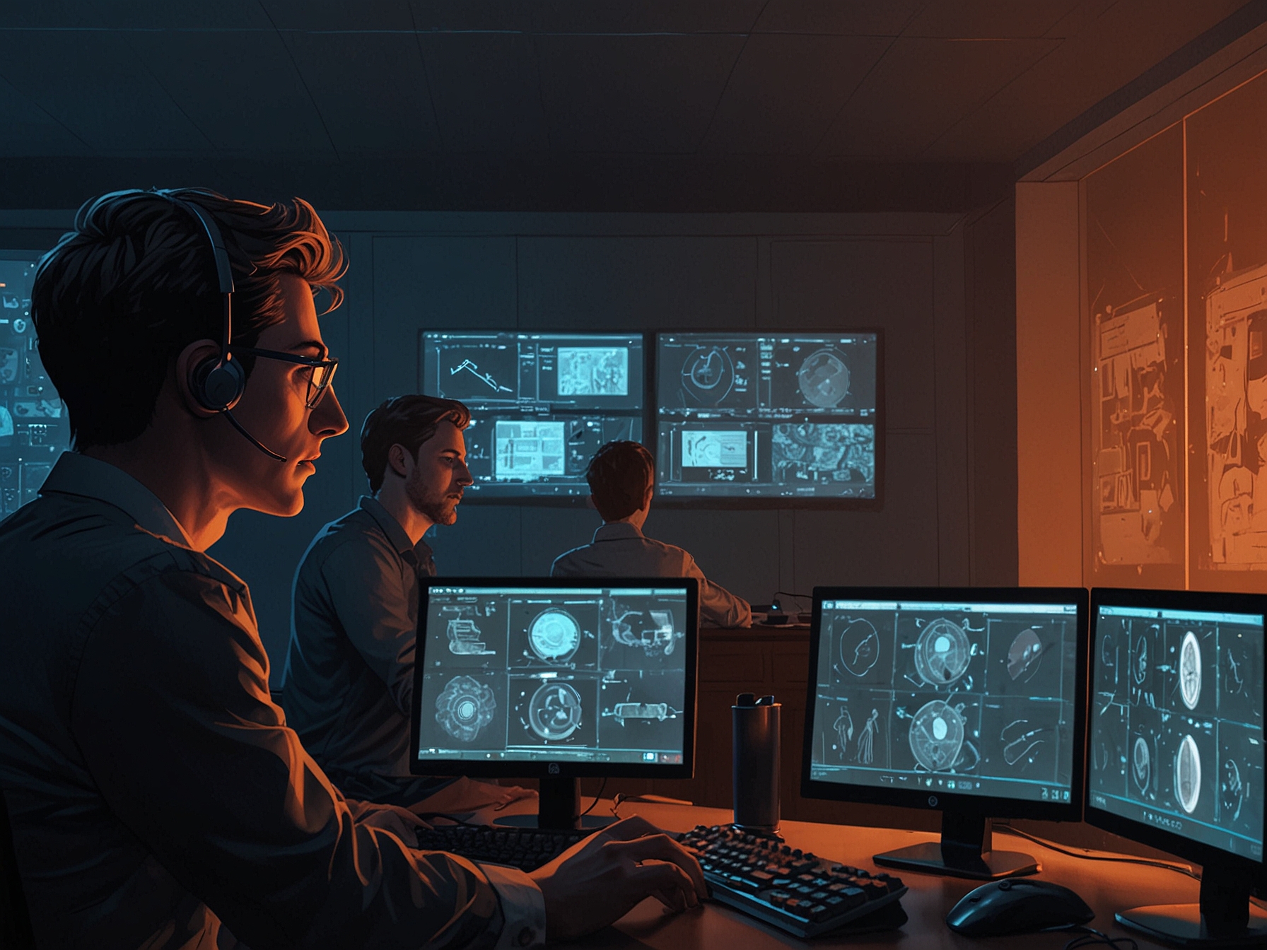 An advanced surveillance room with AI-powered monitors analyzing housemates' interactions, predicting conflicts and alliances, adding a new layer of strategy to the game.