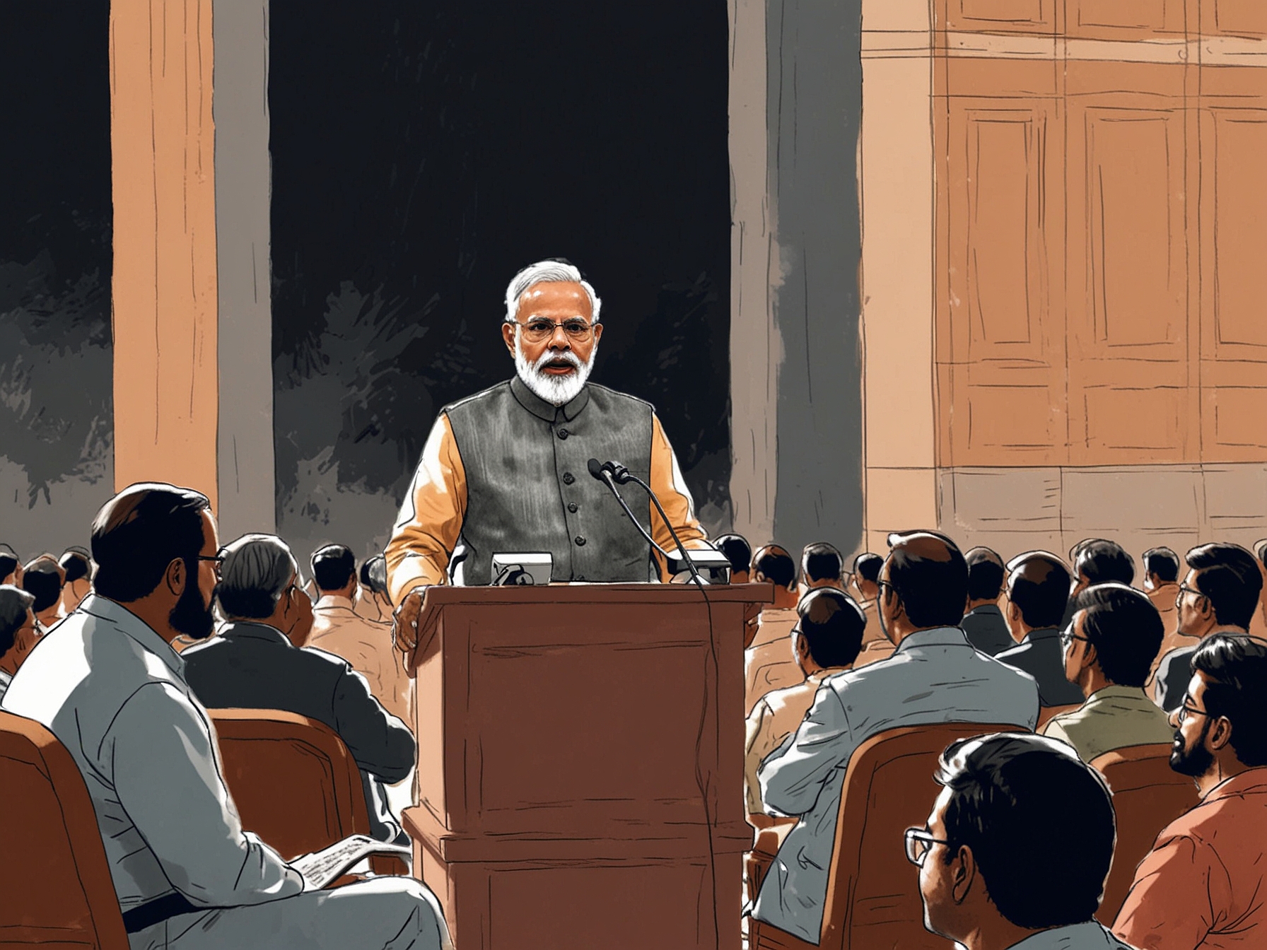 An illustration showing Prime Minister Narendra Modi addressing a gathering, emphasizing policy reforms like 'Make in India' and 'Digital India' that aim to boost the economy.