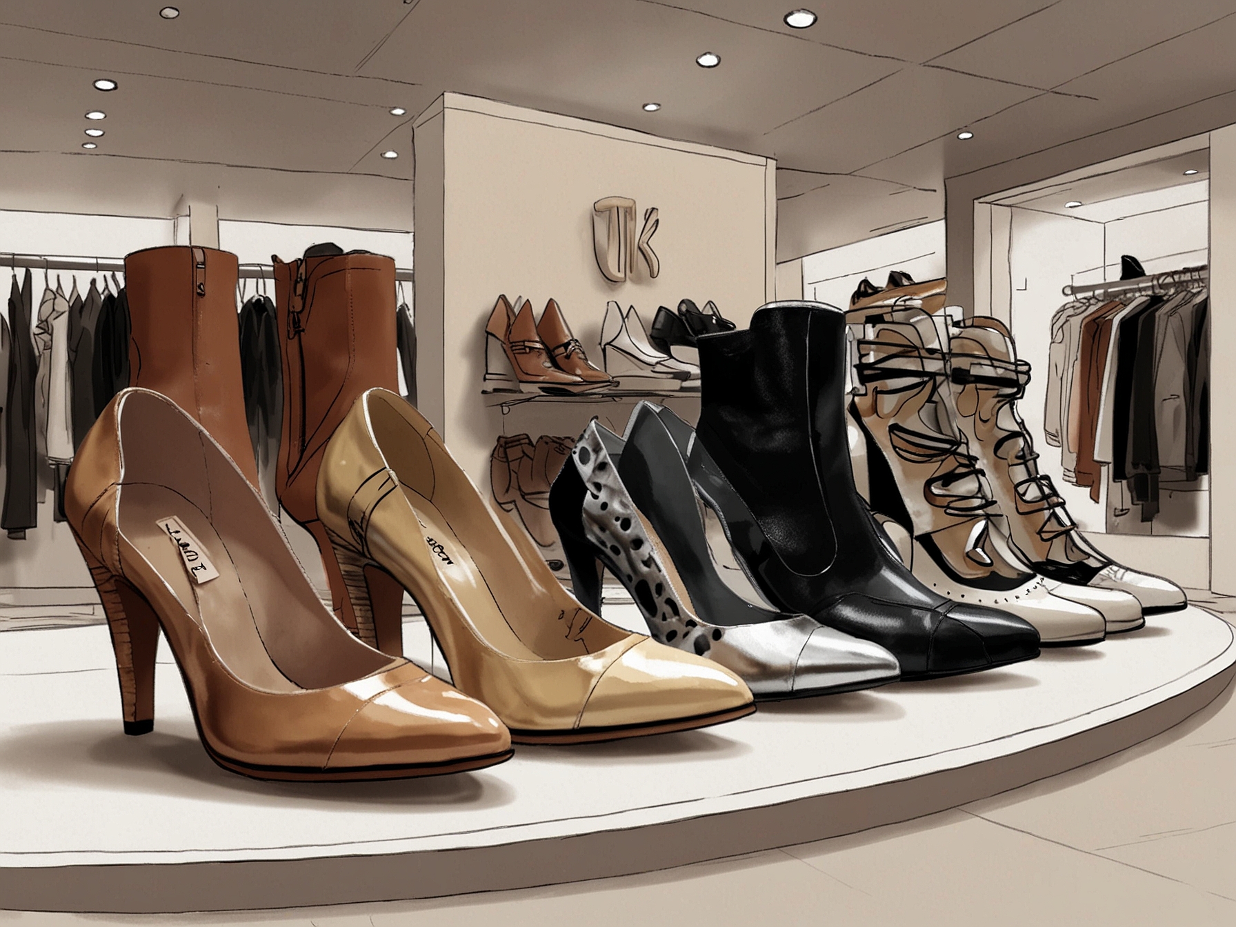 A display of chic designer shoes at TK Maxx, including casual sneakers, elegant heels, and statement boots, showcasing the variety and style available at unbeatable prices.