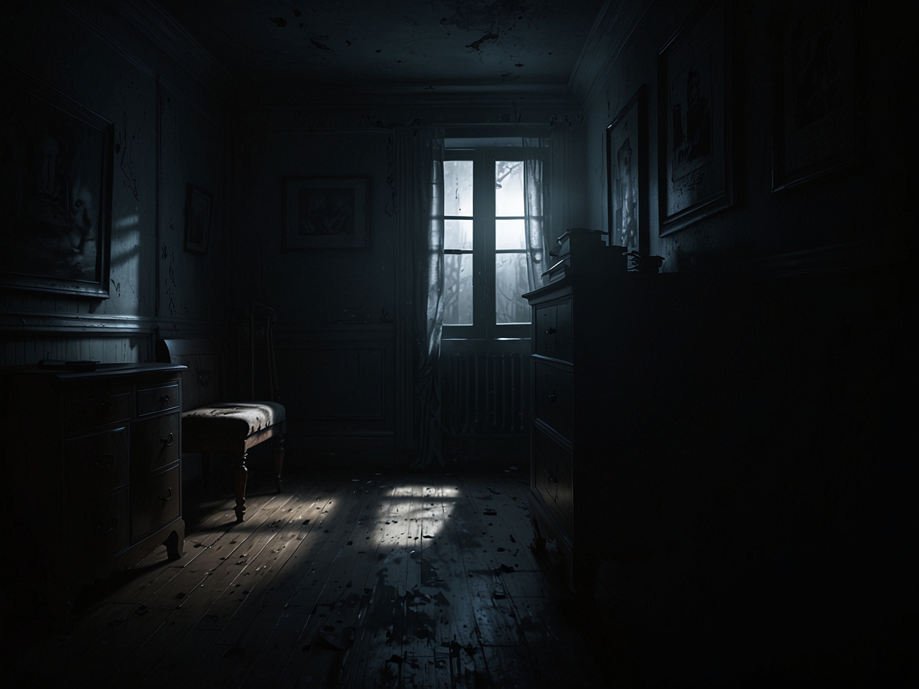 A screenshot showing a character hiding in a dimly lit room, with shadows and eerie lighting emphasizing the game's dark atmosphere and the threatening environment.