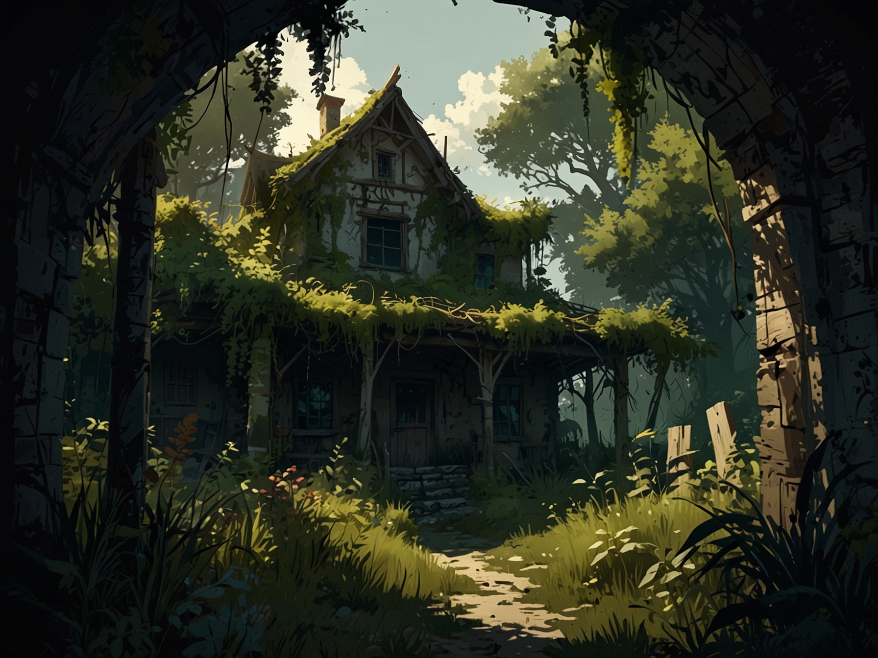 A detailed image of an overgrown rural landscape with dilapidated structures and a character cautiously moving through shadows, illustrating the game's meticulous world-building.