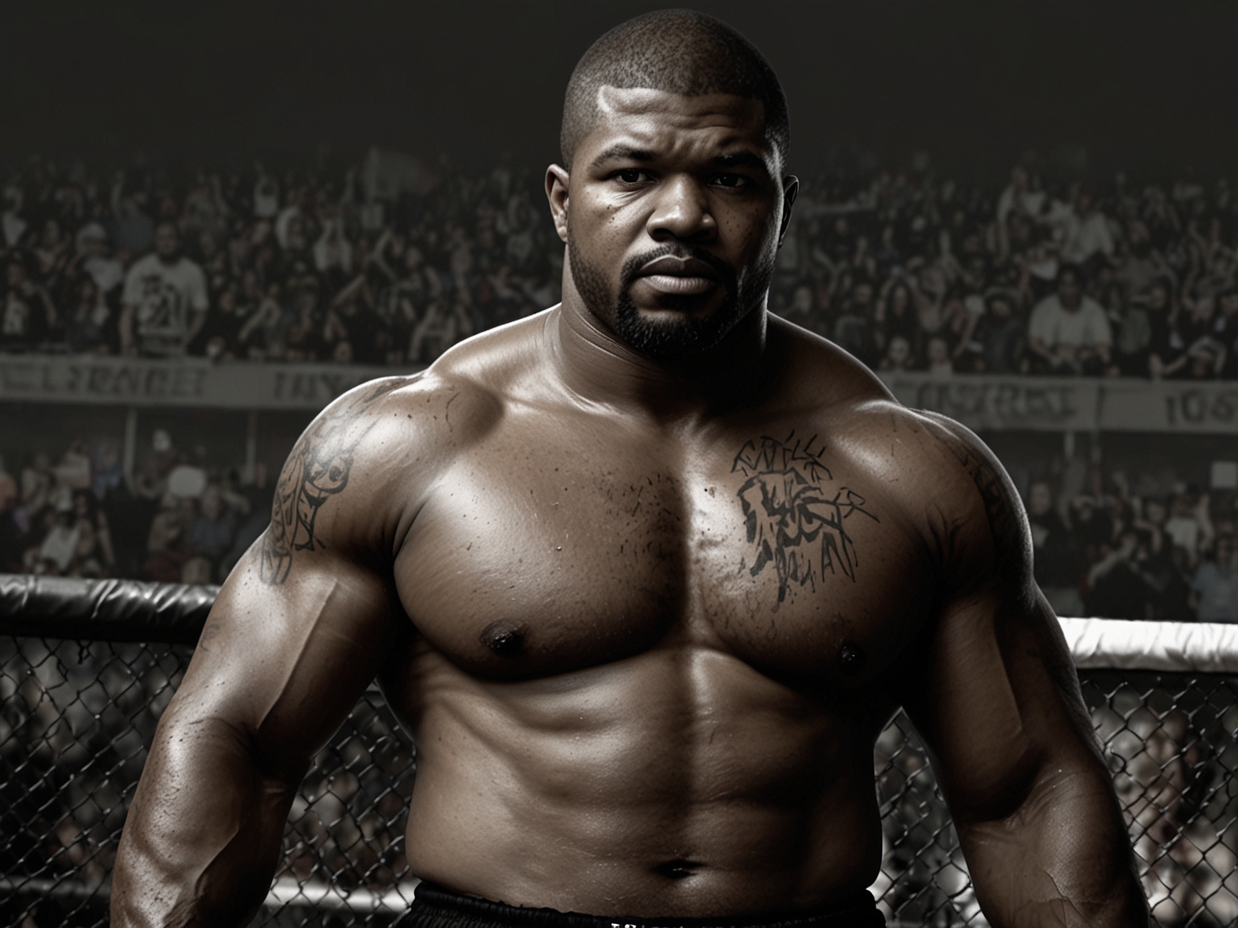 Rampage Jackson sharing anecdotes from his legendary career. The image highlights his charismatic personality and his transition from MMA fighter to actor.